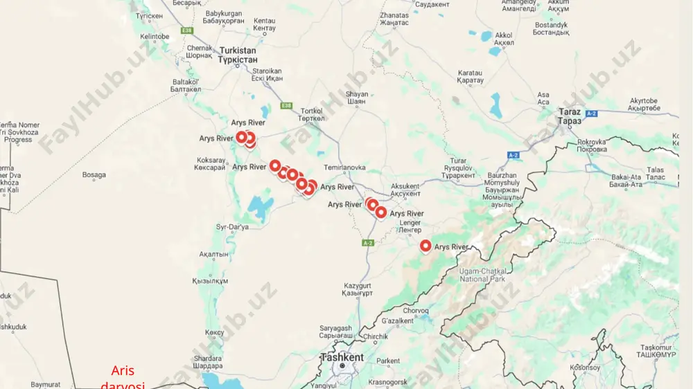 kimyoviy o‘g‘itlar daryoni ifloslantirmoqda. orol dengiziga ta’siri: aris daryosi sirdaryoga quyilishi sababli, uning suv miqdorining kamayishi orol dengizi ekotizimiga ham salbiy ta’sir ko‘rsatmoqda. qoratov — tyanshan togʻlarining shimoli-gʻarbiy tarmogʻi. uzunligi 420 km dan ziyod. qozogʻistonning jambul, janubiy qozogʻiston va qiziloʻrda viloyatlari hududida joylashgan. shimoli-sharqdan chusarisuv, janubiy va janubi-gʻarbdan sirdaryo botiqlari bilan oʻralgan. eng baland joyi 2176 m (bessoz togʻi). qoratovning suvayirgʻich qismi tekislangan yuzalardan iborat. yon bagʻirlari asimmetrik tuzilishga ega: shimoli-sharqiy yon bagʻri tik. tizma gersin burmalanishi davrida shakllangan va yangi tektonik harakatlar taʼsirida koʻtarilayotgan gumbazsimon-palaxsa tipidagi antiklinoriydir. slanets, qumtosh, konglomerat, gneys, ohaktosh, dolomitlardan tashkil topgan. quyi paleozoy davri ohaktoshlari, ayniqsa, keng tarqalgan. bularda karst jarayonlari yaxshi rivojlangan boʻlib, karst voronkalari, botiqlari, gʻorlari kabi relyef shakllari hosil boʻlgan. qoratovda yirik fosforit va polimetall ruda konlari (mirgʻalimsoy, kentov, achisoy va boshqalar) ochilgan va qazib olinmoqda. image1.png /docprops/thumbnail.jpeg