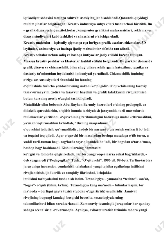 ik tafakkurini rivojlantirish butun kursning asosiy o‘zagini tashkil qiladi. mutaffakir olim bobomiz abu rayhon beruniy hazratlari o‘zining pedagogik va didaktik qarashlarida, o‘qitish hamda tarbiyalash jarayonida turli mavzularda mulohazalar yuritishni, o‘quvchining zerikmasligini hotirasiga malol keltirmaslikni, ya’ni zo‘riqtirmaslikni ta’kidlab, “bizning maqsadimiz o‘quvchini toliqtirib qo‘ymaslikdir, hadeb bir narsani o‘qiyverish zerikarli bo‘ladi va toqatni toq qiladi. agar o‘quvchi bir masaladan boshqa masalaga o‘tib tursa, u xuddi turli-tuman bog‘- rog‘larda sayr qilgandek bo‘ladi, bir bog‘dan o‘tar-o‘tmas, boshqa bog‘ boshlanadi. kishi ularning hammasini ko‘rgisi va tomosha qilgisi keladi, har bir yangi voqea narsa rohat bag‘ishlaydi, - deb yozgan edi (“pedagogika”, tosh., “o‘qituvchi”, 1996 yil, 99-bet). ta‘lim-tarbiya jarayoniga inovatsion yondashish talabalarni yangi tajriba egallashga intilishni rivojlantirish, ijodkorlik va tanqidiy fikrlashni, kelajakka intilishni tarbiyalashni tushunish lozim. texnologiya – yunoncha “techne”- san’at, “logos”- o‘qish (bilim, ta’lim). texnologiya keng ma’noda – bilimlar hajmi, tor ma’noda – borliqni qayta tuzish (tubdan o‘zgartirish) usullaridir. jamiyat rivojining bugungi kundagi bosqichi bevosita, texnologiyalarning takomillashuvi …