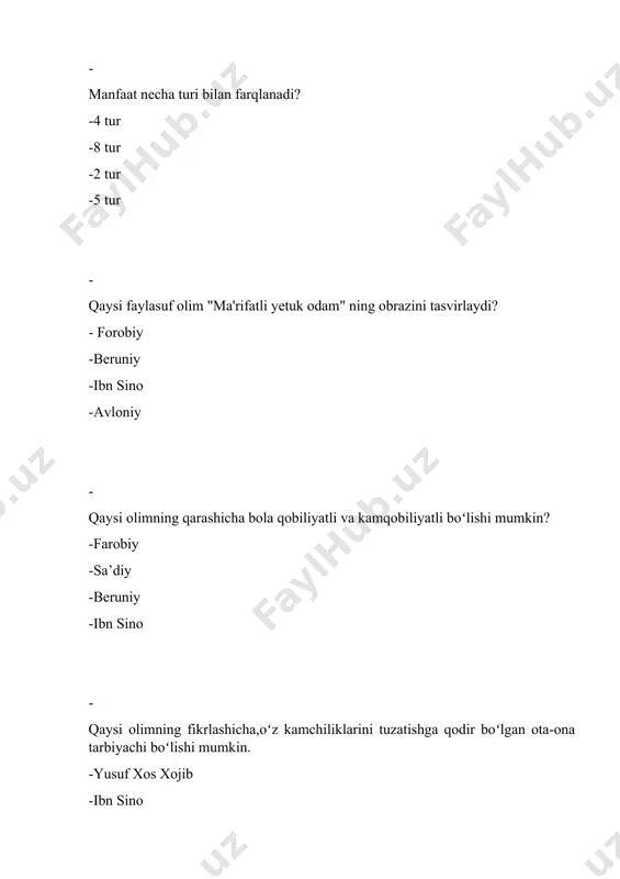 mavjud? -beruniy -farobiy -gandi -franklin - kim ilk marotaba davlat va tarbiyaning o'zaro munosabati g'oyasini aytib o'tgan? -demakrit -suqrot -arastu - aflotun - farobiy qancha tilni bilgan? -70 -60 -50 -40 - farobiyning asarlari nechta? -160 -150 -140 -180 - kim o'z o'zingni angla shiorini ilgari surgan? -geraklit - suqrot -arastu -demokrit - kim antik dunyoda tarbiyaning eng to'liq nazariyasini ishlab chiqqan? -demokrit -aflotun -suqrot - arastu - tarbiyadagi shartli reflekslar qaysi qatorda to'liq berilgan? -axloqiy, ijtimoiy -ijtimoiy refleks, ijtimoiy muhit -ijtimoiy tarbiya, axloqiy tarbiya -stimullashtirish , axloqiy tarbiya - tarbiya turlari nechta? -8 ta -7 ta -5 ta -6 ta - quyidagi tarif qaysi qatorda berilgan? bu insonni shaxsga jamiyat a'zosi sifatida shakllanadigan barchasi madaniyat hisoblanadi. -tarbiya mohiyati -tarbiya maqsadi -tarbiya mazmuni -tarbiya vazifasi - insonni ta'lim tarbiya orqali qayta tarbiyalash aqliy qobiliyatni o'stirish mumkin ushbu fikr muallifi? -davoniy - voiz al koshifiy -beruniy -ibn sino - sadiy sheroziyning …