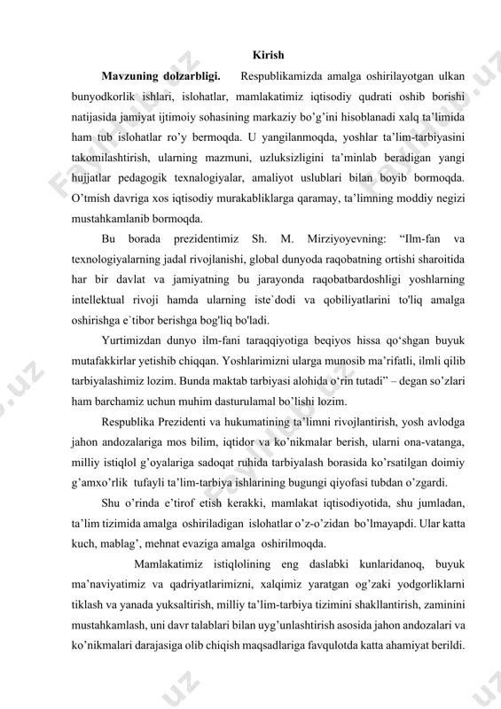 lar o’z-o’zidan bo’lmayapdi. ular katta kuch, mablag’, mehnat evaziga amalga oshirilmoqda. mamlakatimiz istiqlolining eng daslabki kunlaridanoq, buyuk ma’naviyatimiz va qadriyatlarimizni, xalqimiz yaratgan og’zaki yodgorliklarni tiklash va yanada yuksaltirish, milliy ta’lim-tarbiya tizimini shakllantirish, zaminini mustahkamlash, uni davr talablari bilan uyg’unlashtirish asosida jahon andozalari va ko’nikmalari darajasiga olib chiqish maqsadlariga favqulotda katta ahamiyat berildi. ma’lumki har qanday millatning yangilanishi yoshlar tarbiyasidan boshlanadi. yoshlar esa bugungi kunda oilada va asosan ta’lim-tarbiya munosabatlarida shakillantiriladi. ta’lim vositalari o’quvchilarning ruhiy, jismoniy, genetik va mintaqaviy o’ziga xosliklarini to’liq hisobga olgandagina yuqori samaradorlikka erishish mumkin. yuqorida tadqiq etilgan tadqiqotlarni o’rganish jarayonidan kelib chiqqan holda biz kurs ishimizning mavzusini “milliy tarbiyaning o’ziga xos xususiyatlari” deb nomladik. kurs ishining obyekti: maktab direktorining boshqaruv vazifalarianiqlash jarayonini. kurs ishining predmeti: maktab direktorining boshqaruv vazifalari shakl, metod va vositalari. kurs ishining maqsadi: maktab direktorining boshqaruv vazifalarini aniqlash. kurs ishining vazifasi: 1. maktabni boshqarish haqida tushuncha 2. maktabni ichki boshqarish tizimi 3. maktabning ichki …