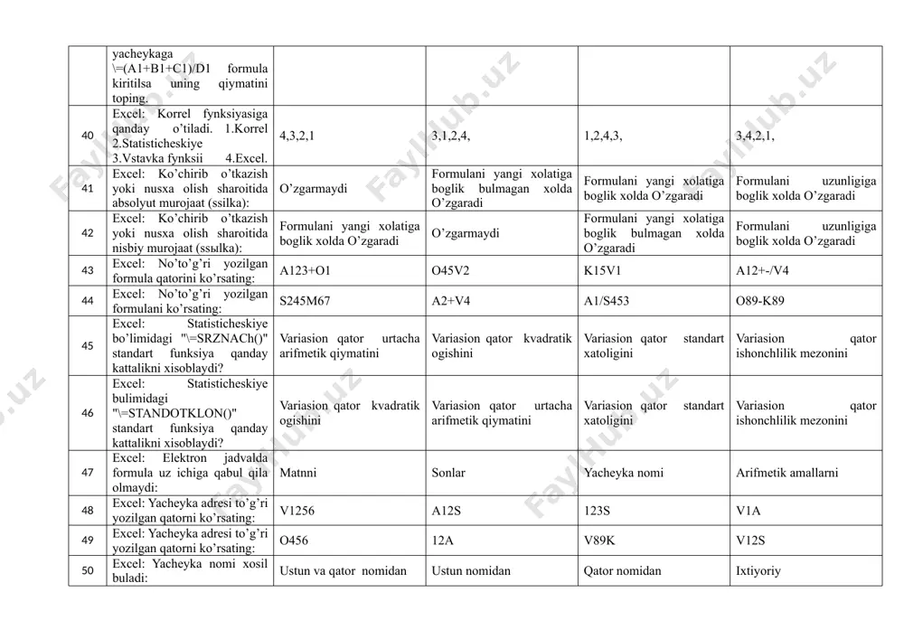 rmulani yangi xolatiga boglik xolda o’zgaradi formulani uzunligiga boglik xolda o’zgaradi 42 excel: ko’chirib o’tkazish yoki nusxa olish sharoitida nisbiy murojaat (ssыlka): formulani yangi xolatiga boglik xolda o’zgaradi o’zgarmaydi formulani yangi xolatiga boglik bulmagan xolda o’zgaradi formulani uzunligiga boglik xolda o’zgaradi 43 excel: no’to’g’ri yozilgan formula qatorini ko’rsating: a123+o1 o45v2 k15v1 a12+-/v4 44 excel: no’to’g’ri yozilgan formulani ko’rsating: s245m67 a2+v4 a1/s453 o89-k89 45 excel: statisticheskiye bo’limidagi "\=srznach()" standart funksiya qanday kattalikni xisoblaydi? variasion qator urtacha arifmetik qiymatini variasion qator kvadratik ogishini variasion qator standart xatoligini variasion qator ishonchlilik mezonini 46 excel: statisticheskiye bulimidagi "\=standotklon()" standart funksiya qanday kattalikni xisoblaydi? variasion qator kvadratik ogishini variasion qator urtacha arifmetik qiymatini variasion qator standart xatoligini variasion qator ishonchlilik mezonini 47 excel: elektron jadvalda formula uz ichiga qabul qila olmaydi: matnni sonlar yacheyka nomi arifmetik amallarni 48 excel: yacheyka adresi to’g’ri yozilgan qatorni ko’rsating: v1256 a12s 123s v1a 49 excel: yacheyka adresi to’g’ri yozilgan …