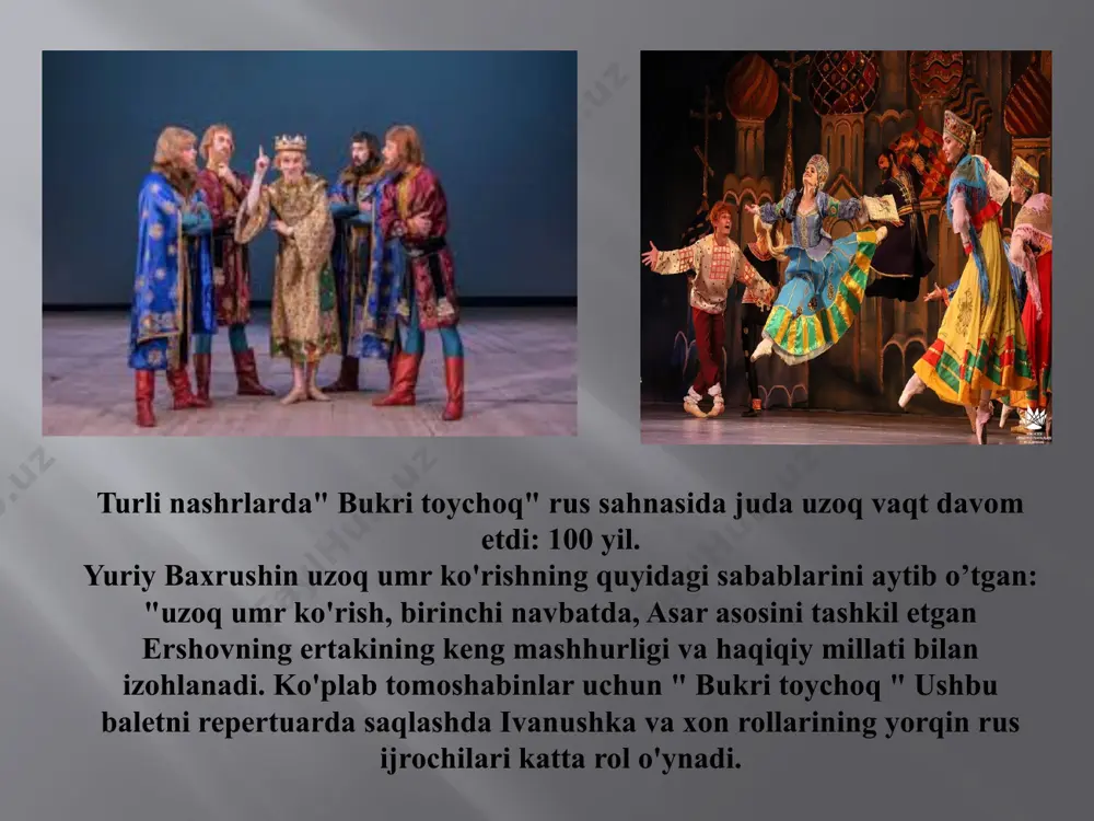 b kelish uchun yuboradi. yondosh ot do'stiga yordam berishni va'da qiladi. dengizdagi kumush tog'. bu erda har kecha shoh qiz keladi. otning yordami bilan ivan shoh-qizni ushlab turishga qodir. uning go'zalligidan hayratga tushadi. bir ozdan so’ng bu maznara yoqoladi. uchinchi harakat shoh ivanning qaytib kelishini kutmoqda.. ivan uxlab yotgan shoh qiz bilan paydo bo'ladi. shoh g'azab bilan qichqiradi. shoh qiz uyg'onadi. sevgidan mahrum bo'lgan shoh darholuylanmoqchi bo’ladi, lekin shoh-qiz go'zallik birinchi navbatda dengiz tubidan uning halqasini ya’ni uzugini olishni talab qiladi. shoh ivanga uzuk olishni buyuradi. ivan yangi topshiriq bilan qanday kurashish kerakligini bilmasdan qayg'uradi. ot unga tasalli beradi - u bu muammoga yordam berishga majbur. ivan dengiz tubiga tushadi-okean. dengiz malikasi ivanni suv osti shohligining mo’ jizalarini ko'rsatadi. dengiz, baliqlari , dengiz otlari mehmonni quvontiradi. biroq, shohning qizi qayerda ekanligini hech kim bilmaydi. dengiz malikasi hamma biladigan cho'tka-zabiyakuga yordam beradi. ruff qumdan halqani tortadi. ivan hamma uchun rahmat aytib …