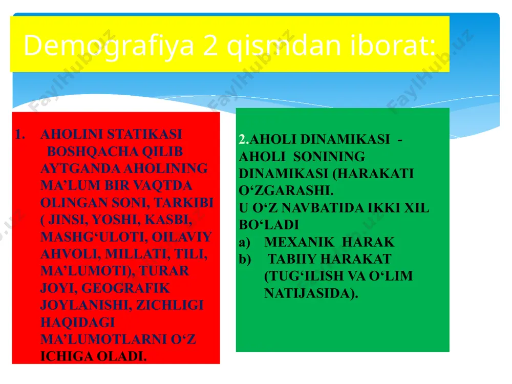 shqa ko‘rsatkichlar singari o‘zgarib turishi mumkin (kasallanish, o‘rtacha umr davomiyligi o‘lim, bolalar o‘limi, ko‘rsatkichlari kabi). aholining jismoniy rivojlanishi haqidagi malumotlar tahlili va statistik usullari chuqur ilmiy asoslangan bo‘lib, sog‘liqni saqlash muassasalarining ilmiy-amaliy tadqiqot faoliyatida qo‘llaniladи jismoniy rivojlanish – bu organizmning funksional va morfologik xususiyatlarning jamlanmasi bo‘lib, bu xususiyatlar organizmning o‘lchami, shakli, shaxsning garmonik rivojlanishini, shuningdek uning jismoniy kuchining faolligini belgilab beradi jismoniy rivojlanishning darajasini va yo‘nalishini belgilovchi omillar uchta asosiy guruhlarga bo‘linadi: 1) endogen omillar (irsiy, ona qornidaligidagi tasirlar, muddatiga etmasdan to‘g‘ilish, to‘g‘ma poroklar va b.q); 2) tabiiy - iqlimiy omillar (iqlimi, yashash joyi yoki yashash relefi ( mestnosti), daryo, dengiz, o‘rmonlar va tog‘lar va b.q.); 3) ijtimoiy-iqtisodiy omillar (jamiat qatori, rivojlanishning iqtisodiy darajasi, mehnat sharoiti, turmush sharoiti, ovqatlanishi, dam olishi, madaniy bilim darajasi, gigienik ko‘nikmalari, tarbiyasi va b.q.). antropometrik o‘lchovlar aholining alohida guruxlari orasida ko‘yidagi tartibda olib boriladi: 1) yangi tug‘ilganlarda tug‘ruqxonada tug‘ilgan paytida va tug‘ruqxonadan chiqqanda o‘tkaziladi (o‘lchanadi); …