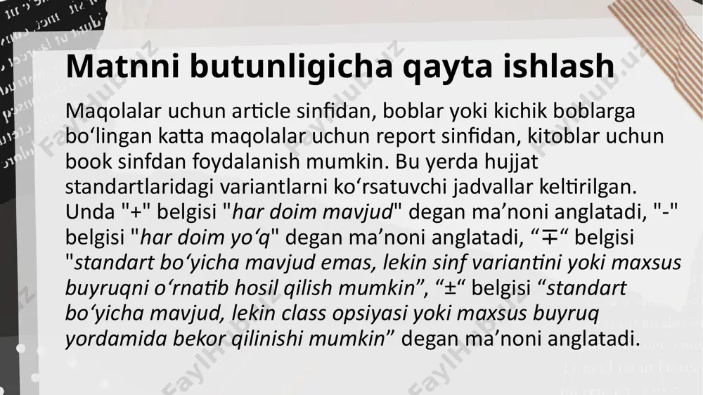 aydir). shuning uchun, ushbu buyruqni \newpage yoki \clearpage dan keyin darhol berilishi kerak bo’ladi. polyalar, sahifa hajmi va boshqalar hujjatlar sinfi sahifa kengligi va balandligi, sahifa chetlari va boshqalar kabi parametrlarning qiymatlarini oldindan belgilaydi (qog‘oz o‘lchamini belgilaydigan variantni hisobga olgan holda). kengligi sahifadagi matnning kengligi \textwidth parametri bilan o‘rnatiladi; agar ikkita ustunda yozilsa, u holda \textwidth ikkala ustunning kengligi va ular orasidagi bo‘shliqni o‘z ichiga oladi. agar siz sahifadagi matn 7 santimetr kenglikga ega bo’lishini hohlasangiz, preambulada shunday yozing: \textwidth = 7 sm matnning kengligini o‘zgartirganda, ko‘pincha chekkalarni o‘zgartirishingiz kerak. \textwidth chap chekka o‘lchamini moslashtiradigan parametrni beradi. chap hoshiya qanday belgilanishi uslublar to‘plami "ikki tomonlama" yoki yo‘qligiga bog‘liq. ikki tomonlama terish toq va juft sonli sahifalarda turli chetlarni qoldiradi. article va report hujjatlari sinflarida to‘plam standart holatda bir tomonlama bo‘ladi, lekin agar siz ikki tomonlama uslubni belgilasangiz, u ikki tomonlama bo‘ladi. book klassi standart holatda ikki tomonlama, lekin siz uni …