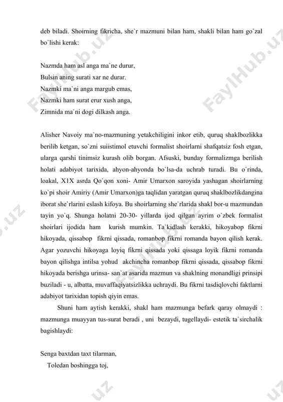 , ham shakli bilan ham bag`oyat go`zal - u kitobxonga tarbiya ham, estetik zavq ham beradi. agar shu baytlarda ifodalangan ma`no mazmunni sa`at (g`azal) shakliga solmasdan jungina bayon qilinsa- «senga baxt va tole yor bo`lsin, xusning va baxting barkaror bo`lsin» yoki «xonadoningdan dustarimasan% dust kelsa uyning obod bo`ladi, kelmasa vayron bo`ladi» deyilsa, bu fikrlar ukuvchida muayyan taassurot koldiradi-yu, ammo unga zavk-shavk bagishlamaydi, fikrning ta`sir kuchi ham kutilganday kuchli bo`lmaydi. shaklning mazmunga ta`siri mana shunday o`rinlarda anik seziladi. keng ma`noda - san`at - obyektiv borlikning o`ziga xos badiiy ifodasi, yukorida aytganimizdek, ijtimsiy ong shakllaridan biri. mazmun xakida tushuncha izchil materialistik ta`limotga ko`ra, mazmun deganda biz san`at asarida aks ettirilgan hayot parchasini tushunamiz. boshkacha qilib aytganda, voqelik, ijtimoiy turmush muommalari san`at asarining mazmunini, mohiyatini tashkil qiladi. chunonchi, abdulla qahhorning «o`g`ri» hikoya sining mazmuni deganda biz asarda tasvirlangan o`tmishdagi o`zbek dehqonining tipik obrazi qobil boboning achchiq qismatini ko`z ungimizga keltiramiz : qobil boboning …
