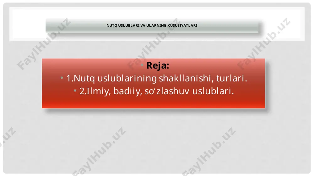 da yaratilgan nutqda so‘z tanlash, gap tuzish ancha erkin bo‘ladi, inversiya holatlari ham uchrab turadi. ammo adabiy til me’yorlaridan chetga chiqilmaydi; b) jonli so‘zlashuv uslubi.bu uslubga asoslangan nutqda ham erkinlik saqlanadi, ammo unda adabiy so‘zlashuv uslubidan farqli ravishda quyidagilarga ham o‘rin beriladi: so‘zlashuv uslubi a) salbiy baho semasi bor bo‘lgan, kamsitish yoki haqorat ma’noli so‘zlarga: endi tushunib olgandirsan, oshqovoq?(…). o‘ pandavaqi, agar og‘zingdan yana bir marta shunaqa gap chiqsa, tilingni sug‘urib olaman, tushundingmi? (…).bomj ekansan-ku. ipirisqi, yo‘qol bu yerdan (…); b) varvarizm, ekzotizmlarga: prikaz qilsangiz, dalshe ketamiz(…). maskirovka, oka, bir soatdan keyin ko‘chaga chiqadi, voobshe tanimaysiz (…); d) so‘z, grammatik formalar, so‘z birikmalari tarkibidagi ayrim tovushlar (ba’zan bir necha tovush yoki bo‘g‘in) tushib qoladi: obor (olib bor), aytvor (aytib yubor), pasqam (pastqam), bolla (bolalar), mashu (mana shu) kabi. badiiy uslub bu uslubda badiiy asar tili va badiiy nutq shakllantiriladi. i z o h: adabiy til bilan fuksional uslublar o‘rtasidagi munosabatlar …