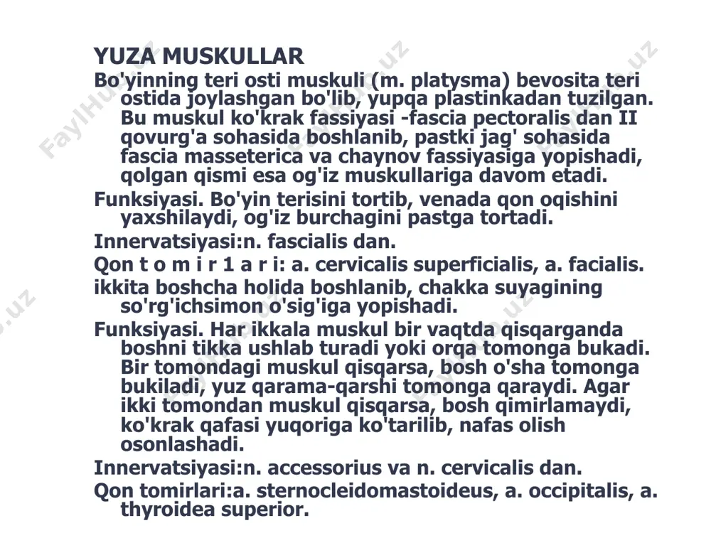 h uchun muhim sohadir. ■ 5. mushak uchburchagi: bu uchburchak bo'yinning old qismida joylashgan bo'lib, sternokleidomastoid va infrahyoid mushaklar kabi muhim mushaklarni o'z ichiga oladi. bu mushak shtammlari yoki o'smalar kabi mushaklar bilan bog'liq kasalliklarni baholash va davolash uchun muhim sohadir. ■ 6. orqaga uchburchak: ■ 7. oksipital uchburchak: bu uchburchak bo'yinning orqa qismida joylashgan va muhim nervlar, qon tomirlari va limfa tugunlarini o'z ichiga oladi. bu bosh terisi, bo'yin yoki yuqori orqa bilan bog'liq sharoitlarni baholash va boshqarish uchun muhim sohadir. ■ 8. subklavian uchburchak: bu uchburchak klavikula ostida joylashgan bo'lib, subklavian arteriya, tomir va muhim nervlarni o'z ichiga oladi. bu torakal chiqish sindromi yoki subklavian vena trombozi kabi yuqori ko'krak va elka bilan bog'liq kasalliklarni baholash va davolash uchun muhim sohadir. ■ ushbu boʻyin uchburchaklarining chegaralari va mazmunini tushunish tibbiyot mutaxassislariga turli kasalliklarni, jumladan, boʻyin va uning atrofidagi infektsiyalar, oʻsmalar, qon tomir kasalliklari hamda nerv bilan bogʻliq muammolarni …