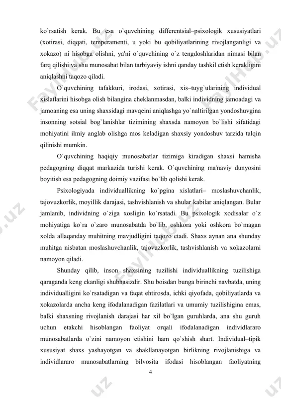 muhitga nisbatan moslashuvchanlik, tajovuzkorlik, tashvishlanish va xokazolarni namoyon qiladi. shunday qilib, inson shaxsining tuzilishi individuallikning tuzilishiga qaraganda keng ekanligi shubhasizdir. shu boisdan bunga birinchi navbatda, uning individualligini ko`rsatadigan va faqat ehtirosda, ichki qiyofada, qobiliyatlarda va xokazolarda ancha keng ifodalanadigan fazilatlari va umumiy tuzilishigina emas, balki shaxsning rivojlanish darajasi har xil bo`lgan guruhlarda, ana shu guruh uchun etakchi hisoblangan faoliyat orqali ifodalanadigan individlararo munosabatlarda o`zini namoyon etishini ham qo`shish shart. individual–tipik xususiyat shaxs yashayotgan va shakllanayotgan birlikning rivojlanishiga va individlararo munosabatlarning bilvosita ifodasi hisoblangan faoliyatning xarakteri, qadriyatlari va maqsadlariga bog`liq tarzda jiddiy ravishda turli xil ko`rinishda namoyon bo`ladi. individ rivojlanishining tabiiy shart-sharoitlari, uning jismoniy tuzilishi, nerv va ichki sekretsiya bezlari tizimi, jismoniy tuzilishdagi afzalliklari va nuqsonlari uning individual psixologik fazilatlari shakllanishiga jiddiy ta'sir ko`rsatadi. lekin biologik xususiyat kishi shaxsini tarkibiga singib, ijtimoiy omilga aylanib qoladi va keyinchalik ijtimoiy shaklda (psixologik jihatdan) mavjud bo`ladi. jumladan, miya patologiyasi individda, uning tuzilishida, uning biologik …
