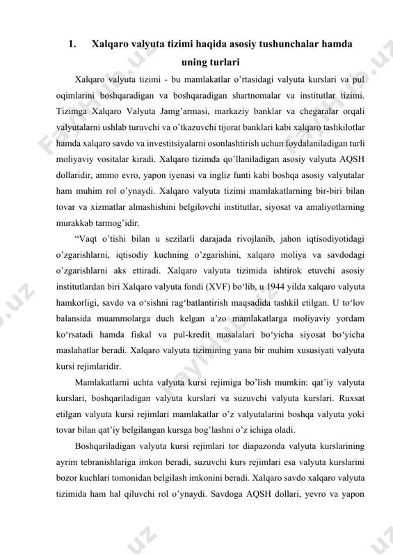 yrim tebranishlariga imkon beradi, suzuvchi kurs rejimlari esa valyuta kurslarini bozor kuchlari tomonidan belgilash imkonini beradi. xalqaro savdo xalqaro valyuta tizimida ham hal qiluvchi rol o’ynaydi. savdoga aqsh dollari, yevro va yapon iyenasi kabi xalqaro valyutalardan foydalanish yordam beradi, ularning barchasi zahira valyutalari boʻlib xizmat qiladi. xususan, aqsh dollari xalqaro savdo va moliyaviy operatsiyalarda asosiy valyuta sifatida keng qoʻllaniladi. nihoyat, xalqaro valyuta tizimi valyuta inqirozlari, savdo nomutanosibliklari va moliyaviy yuqumli kasalliklarni o’z ichiga olgan turli qiyinchiliklar va xavflarga duchor bo’ladi. bu muammolar keyingi yillarda yanada yaqqol namoyon bo’ldi, chunki globallashuv kuchayib, jahon iqtisodiyoti o’zaro bog’liq bo’ldi”[footnoteref:1] [1: don patinkin. “dеngi, protsеnt i sеno”. –m:“ekonomika” 2004.] xulosa qilib aytadigan bo’lsak, xalqaro valyuta tizimi murakkab va dinamik tizim bo’lib, global iqtisodiy faoliyatni engillashtirishda hal qiluvchi rol o’ynaydi. tizimning asosiy tarkibiy qismlariga xalqaro institutlar, valyuta kursi rejimlari, xalqaro valyutalar va xalqaro savdo kiradi. jahon iqtisodiyoti rivojlanishda davom etar ekan, xalqaro valyuta tizimi yangi …