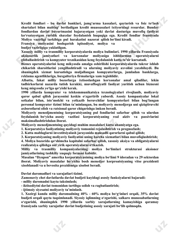 schetlar kiradi. ularga avvalo iqtisodiy va ijtimoiy funksiyalar yuklatilgan. fond mablaglaridan foydalanib davlat ishlab chiqarish jarayoniga aralashishi, korxonalarga kreditlar va subsidiyalar berish, aholiga ijtimoiy xizmatlar ko‘rsatimsh mumkin. maxsus fondlar qoida bo‘yicha, maqsadli harakatga ega. ijtimoiy sug‘urta fondi, sug‘urtalanuvchilarga pensiya va posobiya to‘lash, kredit fondi-tadbirkorlarga yoki boshqa davlatlarga ssuda taklif kilish lozim. foydalanish maqsadalrga ko‘ra maxsus fondlarga iqtisodiy, ilmiy-tadqiqot, kredit, ijtimoiy, shaxsiy va mulkiy sug‘urta, harbiy siyosiy, davlatlararo fondlarga bo‘linadi. ulardan asosiylarini ko‘rib chiqamiz. iqtisodiy fondlar xo‘jalik hayotini tartibga soladi. masalan, investitsion, konyukturali. ilmiy texnik taraqkiyot ilmiy tadqiqot fondlarini yuzaga keltiradi. uning mablag‘lari yordamida sanoatda ilmiy izlanishlarni qullab-quvvatlash, fundamental tadqiqotlarni amalga oshiruvchi davlat ilmiy markazlarini saqlash ishlari moliyalashtiriladi. kredit fondlari - bu davlat banklari, jamg‘arma kassalari, qaytarish va foiz to‘lash shartalari bilan mablag‘ beriladigan kredit muassasalari ixtiyoridagi resurslar. bunday fondlardan davlat buyurtmasini bajarayotgan yoki davlat dasturiga muvofiq faoliyat ko‘rsatayotgan yuridik shaxslar foydalanish huquqiga ega. kredit fondlar fransiyada moliya vazirligi tarkibiga pul …