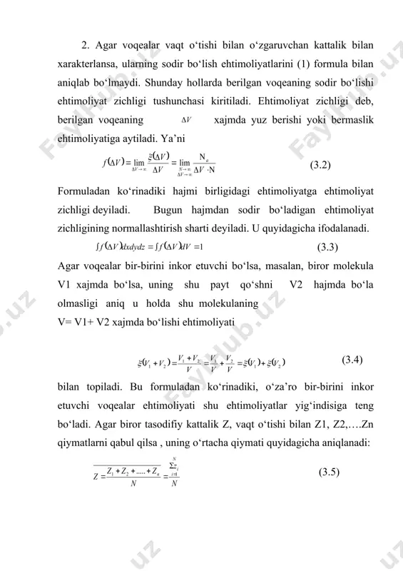 dir. o‘zgaruvchan kattalikning o‘rtacha miqdoridan chetlashishi, dispersiya bilan xarakterlanadi. dispersiya o‘rtacha miqdoridan chetlanish kvadratining o‘rtacha qiymati bilan aniqlanadi. (3.8) vaqt birligi ichida diskret o‘zgaradigan tasodifiy xodisalar uchun dispersiya (3.9) bilan aniqlanadi. vaqt birligi ichida uzluksiz o‘zgaradigan tasodifiy hodisalar uchun (3.10) oraliq aniqlanadi. 4.statistik fizikadagi eng muhim kattaliklardan biri ehtimoliyatlar taqsimot funksiyasidir. bu funksiya juda o‘zgaruvchan tasodifiy z kattalik berilgan z0 dan kichik qiymatlar qabul qilish ehtimoliyatini ko‘rsatuvchi funksiyadir: (3.11) bu yerda funksiyaga ehtimoliyatlar taqsimot funksiyasi deyiladi va uzlusiz o‘zgaruvchan kattalik uchun ehtimoliyat zichligi orqali quyidagicha ifodalanadi: (3.12) istalgan vaqt birligi ichida o‘zgaruvchan kattalikning o‘rtacha qiymatini ehtimoliyatlar taqsimot funksiyasi orqali ifodalash mumkin; (3.13) ko‘p sondagi zarralar sistemasining xossalarini statistik usulorqali bayon qilishda ko‘pincha statistik taqsimotlar tushunchasidan foydalaniladi. m: gaz molekulalari tezligining taqsimot funksiyasi va hokazo. gauss taqsimoti. 1. gauss dekart koordinata sistemasida sakrab harakatlanuvchi modda nuqtaning juda ko‘p sakrashlardan keyin uning koordinatalarini aniqlash ehtimoliyatini xisoblab, bu ehtimoliyati zichligi f (z), z …