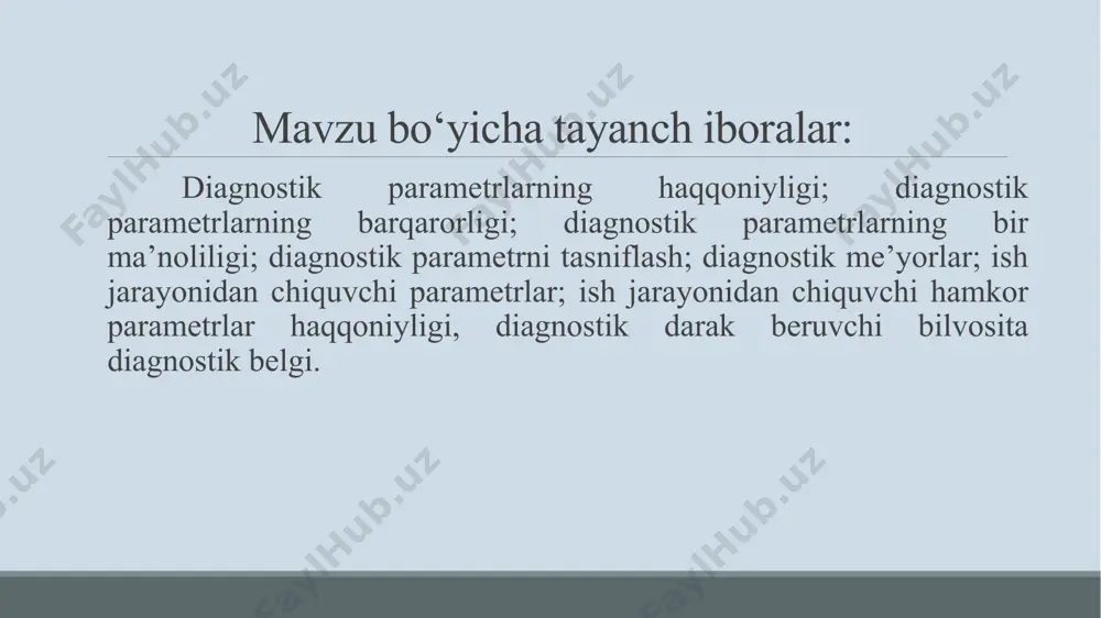 testli ta‘sir yordamida tekshirish imkoniyatini beradi. test orqali tizimning parametrlari va uning elementlari va ularning berilgan qiymatdan og‘ish sabablari tekshiriladi. diagnostikalash testli va funksionalli bo‘ladi funksional diagnostikalash tizimga ish ta‘siri orqali texnik holatini o‘rganish imkoniyatini beradi. ishchi ta‘sir berilgan parametrda tizimning ishlashini nazorat qiladi va uning funksionallanish buzilishini chiqaradi. testli va funksional diagnostika diagnostikalash algoritmida bajariladi. diagnostikalash algoritmi – o‘tkazilishi ketma – ketligini o‘rnatuvchi qoida va nazorat nuqtalaridagi elementar tekshirishlar jamlanmasidir. bundan tashqari shu tekshirishlar natijalarini analiz qilish, bular orqali aniqlash mumkin bo‘lgan soz, ishlayigan va nosoz holatidan to‘g‘ri funksionallashgan holatiga va nosoz holatidan defekt ajratishni imkonini beradi. diagnostikalash effektivligi diagnostikalash effektivligi - diagnostikalash algoritmi sifati va diagnostikalash qurilmalari sifatiga qarab baholanadi. diagnostikalash qurilmalari birinchi navbatda ikkiga bo‘linadi: dasturili va apparatli. bundan tashqari, tashqi (tizimdan alohida joylashgan konstruksiya) va ichki (tizimning tashkil qiluvchisi); qo‘lda, avtomatizatsiyalashgan va avtomatik; maxsus va universal qismlarga ham bo‘linadi. 3. avtomatlashtirish sistemalarning diagnostika ko‘rsatkichlariga ta’sir etuvchi …