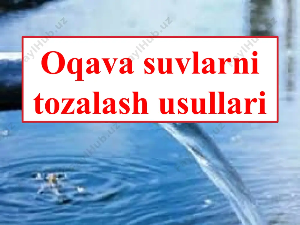 r xil bo‘ladi. ishlab chiqarish oqava suvlari – suv ishtirokida amalga oshadigan texnologik jarayonlarda hosil bo‘ladi. boshqa oqava suvlardan farqi, doimiy tarkibga ega emas, xom-ashyo turlariga ishlov berishga qarab, ifloslanish darajasi har xil bo‘ladi. sanoat korxona oqava suvlari tarkibni ifloslantiruvchi aralashma moddalar miqdorlariga: 1-500 mg/l; 500- 5000 mg/l; 5000-30000 mg/l; > 30000 mg/l; qarab ajratiladi va maqbul tozalash usullari tanlanadi. oqava suv tarkibidagi ifloslantiruvchilarni xossalariga binoan quyidagicha bo‘ladi: tajovuzkor emas (rn =6,5–8); kuchsiz tajovuzkor (kuchsiz ishqorli rn =8–9 yoki kuchsiz kislotali rn=6-6,5); kuchli tajavuzkor (kuchli ishqorli rn >9 yoki kuchli kislotali rn<6). ifloslantiruvchilarni suv obyektlariga tasiri quyidagicha bo‘ladi: - -tarkibidagi moddalarni suv havzalarining sanitar holatiga tasiri (o‘z-o‘zini tozalash jarayon tezligiga); -tarkibidagi moddalarni suvning organoleptik xossalarini o‘zgartirishi (tami, hidi, tiniqligi va boshqalar); tarkibidagi moddalarni suv havzalarining jonivorlar olamiga, o‘simliklar dunyosi, hayvonlarga va suvdan foydalanadigan insonlarga tasiri. ishlab chiqarish oqava suvlari shartli toza ifloslanmagan (sovitish jarayonlari uchun ishlatilgan ) va ifloslangan bo‘ladi. …