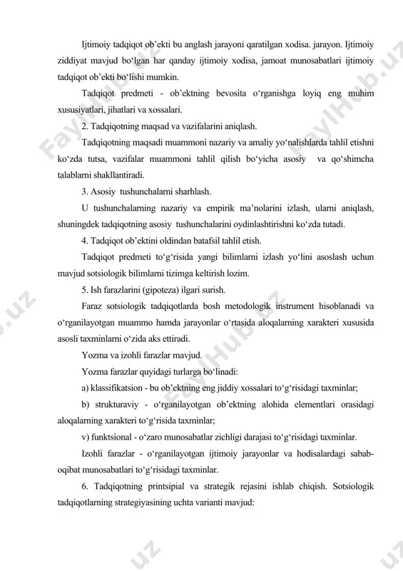 di. ushbu rejaning maqsadi muammoni aniqlash va farazlar ishlab chiqishdan iborat; b) yozma variant yozma farazlarni ilgari surish uchun ob’ekt to‘g‘risidagi bilimlar etarli bo‘lmagan taqdirda qo‘llaniladi. rejadan maqsad - ijtimoiy strukturalar va hodisalarni batafsil va to‘la bayon qilish; v) tajriba rejasidan faqat o‘rganilayotgan jabhadagi bilimlar yuqori bo‘lib, asosli gipotezalarni oo‘lg‘a surishga imkoniyat mavjud sharoitlarda foydalaniladi. rejaning maqsadi - vizual va sabab-oqibat aloqadorligini tadqiq etish. 7. birlamchi ma’lumotlarni to‘plash va tahlil etish bo‘yicha ish tartibini tanlash. ma’lumotlar tahlili sxemalari, ommaviy so‘rovlar anketalari, intervyu rejalari, identifikatsion hisob varaqalari, ish vaqtini hisobga olish varaqasi, kontekstual tahlilga mansub hujjatlar va matnlarni o‘rganish bo‘yicha yo‘riqnomalar, kuzatish sxemalari - bularning barchasi ma’lumot to‘plash vositasidir. muammolarni aniqlab, boshlang‘ich tushunchalarni kiritish va tadqiqot farazlarini ishlab chiqishdan so‘ng tanlov turi va hajmi aniqlanadi. tanlovli tadqiqotning asosiy afzalligi shundaki, ob’ektni keng va murakkab dastur bo‘yicha chuqur o‘rganish va tadqiqotni qisqa muddatda o‘tkazishga imkon tug‘iladi. tanlovli tadqiqot noyalpi kuzatuv turi bo‘lib, …