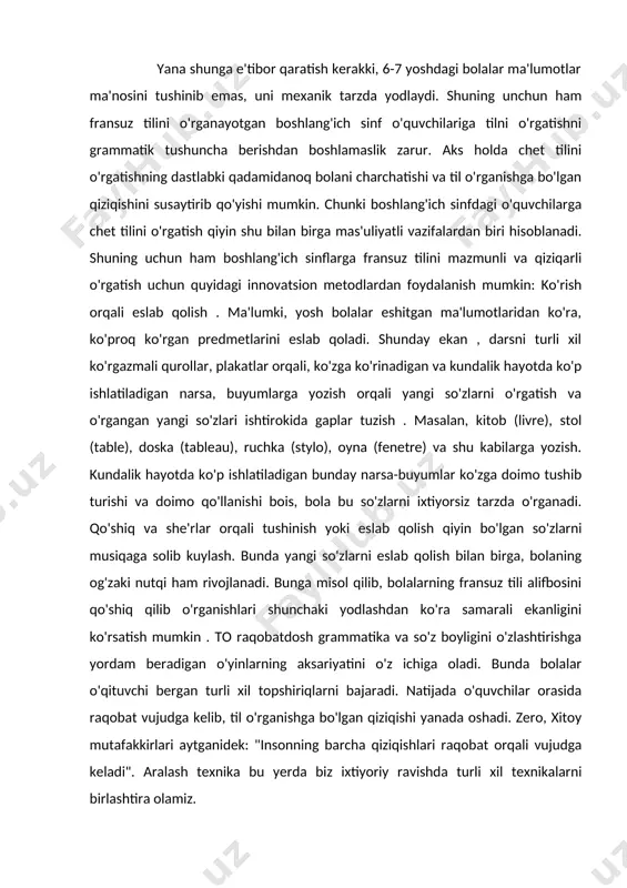 o'lgan ishtiyoqni yanada oshiradi, faol bo'lmagan o'quvchilarni ham darslarda yaxshiroq qatnashishga undaydi. quyidagi o'yinlar so'zimizga misol bo'la oladi. "quvnoq topishmoqlar" (merry riddles) o'quvchilarga topishmoqlar o'rgatish fransuz tilini o'rgatishda muhim ahamiyatga ega, ular o'zlariga notanish bo'lgan so'zlarni o'rganadilar va o'ylab topishmoq javobini topadilar. "pantomima" (pantomime). bunda o'qituvchi o'quvchilarga biron bir so'zni aytadi va o'quvchi uni ko'rsatadi. qolgan o'quvchilar esa so'zni topib, inglizcha nomini aytishi kerak bo'ladi. sezgi a'zolar orqali o'rganish (sabzavot, mevalar, oziq-ovqatlarni tatib ko'rish, turli xil buyumlarni ushlab ko'rish, gullarni hidlab ko'rish). ushbu yangi metodni o'rganishdan oldin bir amaliyotchi psixologning fikrlarini keltirish kerak: "bolalarning esida biror narsaning mahkam o'rnashib qolishini xohlovchi pedagok bola sezgi organlarining mumkin qadar ko'prog'ini ko'zi, qulog'i, tovush organi, muskul sezgisi va hatto, hidlash va ta'm bilish organlarini esda tutib qolish jarayonida qatnashtirishga harakat qilishi kerak natija.darhaqiqat, sezgi a'zolar orqali til o'rganish boshqa usullarga qaraganda foydali va samarali hisoblanadi. masalan, o'quvchi birgina olmani ta`tib ko'rish jarayonida uning …
