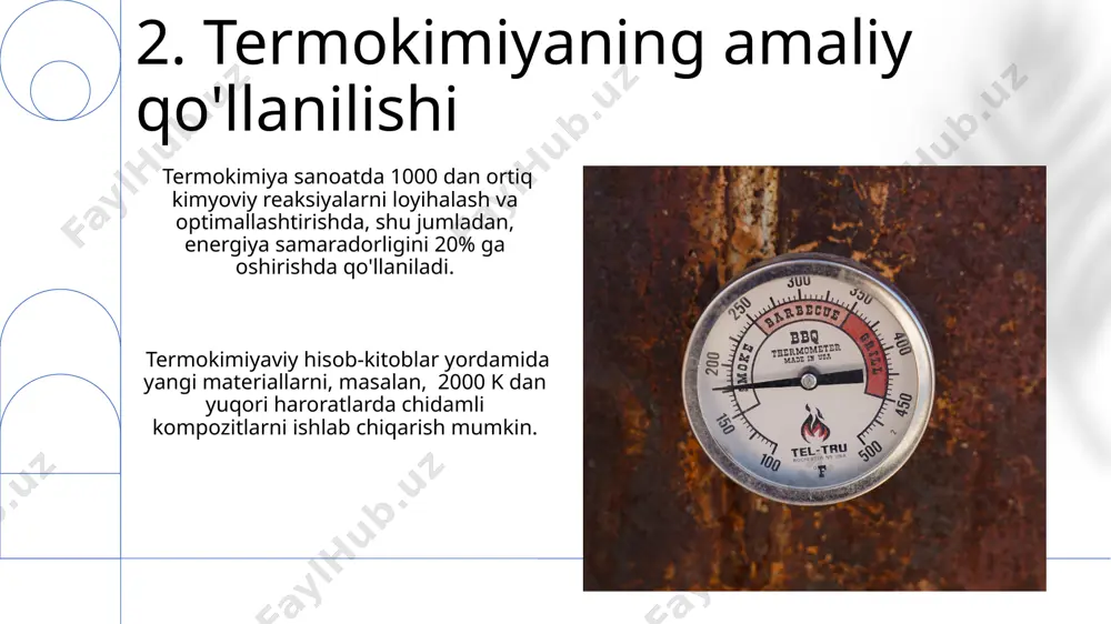 hga imkon beradi va yoqilg'ilarning energiya miqdorini aniqlashda ishlatiladi. kalorimetrik o'lchovlarning aniqligi, issiqlik sig'imini aniqlashda, 0,1% dan kam xatoga ega bo'lgan yuqori aniqlikdagi elektron kalorimetrlar qo'llanilishi mumkin. e'tiboringiz uchun rahmat @taqdimot_robot image1.png image2.jpg image3.jpg image4.jpg image5.jpg image6.jpg image7.jpg image8.jpg image9.jpg image10.jpg image11.jpg image12.jpg image13.jpg image14.jpg image15.jpg image16.jpg