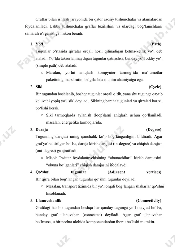 ar ma’lum bir og‘irlik yoki qiymatga ega bo‘lgan graf. og‘irliklar transport masofasi, vaqt yoki narx kabi qiymatlarni ifodalashi mumkin. · misol: yo‘l tarmoqlari va masofalar grafigi. 4. to‘liq graf (complete graph): har bir tugun boshqa barcha tugunlar bilan bog‘langan graf. bunda qirralar soni maksimal bo‘ladi. · misol: har bir kompyuter boshqa barcha kompyuterlar bilan to‘g‘ridan-to‘g‘ri bog‘langan tarmoq. 5. atsiklik graf (acyclic graph): hech qanday siklga ega bo‘lmagan graf. agar bunday graf yo‘naltirilgan bo‘lsa, u yo‘naltirilgan atsiklik graf (dag) deyiladi. · misol: kompilyatorlarda kodning bajarilish tartibini aniqlash uchun dag qo‘llaniladi. 6. ikki tomonlama graf (bipartite graph): tugunlari ikki guruhga bo‘linadigan va faqat bir guruhdagi tugunlar boshqa guruhdagi tugunlar bilan bog‘lanadigan graf. · misol: kompaniyalar va ularga xizmat ko‘rsatuvchi xodimlar grafigi. 7. euleriya va gamilton graflari: · euleriya graf: qirralar bo‘ylab har bir qirrani faqat bir marta bosib o‘tib, dastlabki tugunga qaytish mumkin bo‘lgan graf. · gamilton graf: tugunlar bo‘ylab har bir …