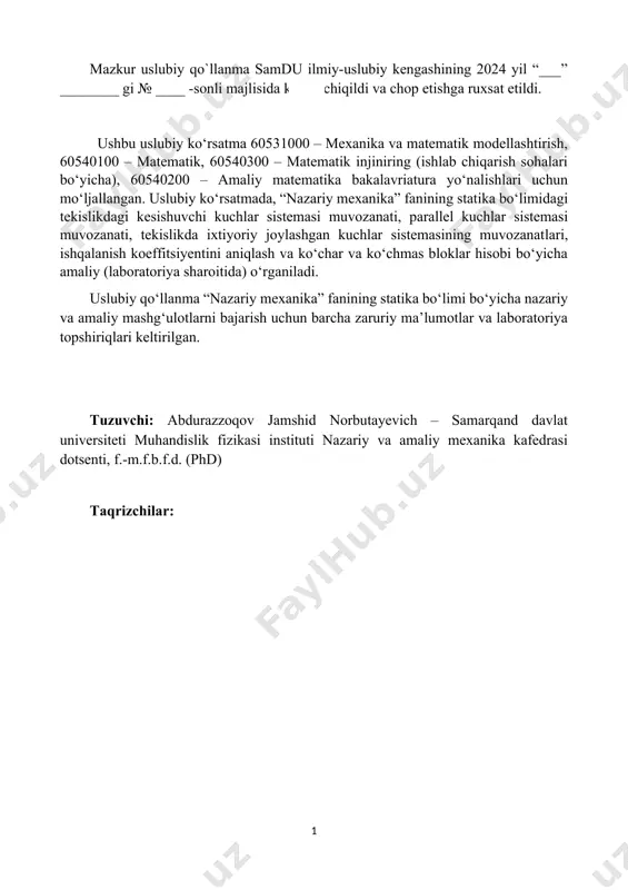 ........................................................................... 6 4. tajribalar............................................................................................ 8 4.1. ta’sir chiziqlari bir nuqtada kesishuvchi kuchlar sistemasining muvozanati…………………………………………………………. 8 4.2. kuchning nuqtaga nisbatan algebraik momenti………………… 11 4.3. tekislikda yotgan parallel kuchlar sistemasining muvozanati…. 14 4.4. tekislikda ixtyoriy joylashgan kuchlar sistemasining muvozanati…………………………………………………………. 17 4.5. ishqalanish koeffitsiyentini aniqlash …………………………….. 21 4.6. ko‘char va ko‘chmas bloklar hisobi……………………………... 25 adabiyotlar.......................................................................................... 28 1 kirish statika asoslari uchun (tm 110) laboratoriya uskunalari to‘plami (1.1-rasm) yordamida, statika bo‘limidagi ko‘plab masalalarni va ularning yechimlarini aniq tekshirishga imkon beradi. 1.1-rasm. statika asoslari uchun (tm 110) laboratoriya uskunalari to‘plami bu laboratoriya uskunalar to‘plami orqali statika bo‘limidagi quyidagi mavzular bo‘yicha tajribalarni o‘tkazish mumkin: · tekislikdagi kesishuvchi kuchlar sistemasi muvozanati · momentlarni aniqlash va momentlar muvozanati · tekislikdagi parallel kuchlar sistemasi muvozanati · juft kuchlar · tekislikdagi ixtiyoriy joylashgan kuchlar sistemasi muvozanati · turli holatlarda sirpanish ishqalanish koeffitsentini aniqlash · ko‘char va ko‘chmas bloklar hisobi · zanjirli uzatmalar hisobi · tishli uzatmalar hisobi shuningdek talabalar, (tm …