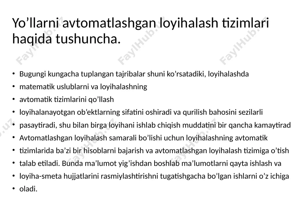 kerak. avtomatik loyihalash jarayonida ma’lumotlarni qabul qilish va uzatish boshqaruvchi komandalar muxandis-loyihachi ishtirokisiz avtomatik ravishda amalga oshiriladi. bunda loyihachi loyiha jarayonining bosh bosqichida ishtirok etadi, ya’ni: loyihalashga topshiriqni tayyorlash va olingan loyiha echimini baholash va unga keyinchalik o’zgartirishlar kiritish bosqichida. avtomatlashgan loyihalashda muxandis loyihalovchi bevosita loyiha echimini ishlab chiqish jarayonida ishtirok etadi va loyihalash jarayonini kerakli o’zanga yo’naltirishi mumkin. alt ni qullashda katta samaradorlik loyihada eng muxim echimlar qabul qilinayotgan bir bosqichda inson har-xil ijodiy faoliyatini avtomatlashtirish natijasida yuzaga keladi (masalan, avtomobil yo’lining o’qini yunalishini tanlashda, bo’ylama kesimda loyiha chizig’ini yotish holatini belgilashda va b.). ay alt inson va ehm imkoniyatlarini optimal uyg’unlashtirishga imkon beradi. ehm va boshqa texnik vositalar yordamida alt ma’lumotlarni qidirish, hisoblashlar, chizma-grafik va bosma ishlarini tezlikda bajarishni ta’minlaydi. loyihalovchi og’ir va murakkab ishlardan ozod bo’lgach o’zining muxandislik faoliyatida ijodiy masalalarga yondashish va e’tibor qaratish imkoniga ega bo’ladi. avtomatlashgan loyihalash tizimining tuzilishi. ay alt ni tuzishda bizning …