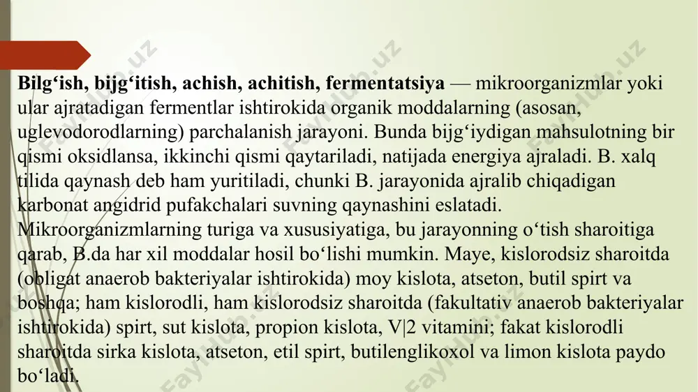 jg’itib, propion kislota hosil qila oladilar. propion bakteriyalar ishtirokida shakarlarni parchalashning pirouzum kislotasigacha bo’lgan bosqichi embden-meyergof sxemasi asosida o’tadi. biijg’ishning boshlang’ich mahsuloti bo’lib, sut kislotasi ham bo’lishi mumkin. bu holda reyaksiya laktatdegedrogenaza fermenti ishtirokida amalga oshadi va natijada pirouzum kislotasi hosil bo’ladi. keyin piruvat biotin –co2 kompleksi ishtirokida metilmalonil – koa – karboksitransferaza fermenti ishtirokida koa ga bog’lanadi, oqibatda suksinat foallashadi. suksinil – koa metilmalonil –koa – mutaza fermenti ta’sirida va koferment b12 ishtirokida metilmalonil –koa ga aylanadi. mana shu oraliq mahsulotlardan co2 ajralib chiqadi. natijada propionil koa hosil bo’ladi, co2 esa jarayonning dastlabki bosqichida faolyat ko’rsatayotgan metilmalonil – koa- karboksitransferaza fermentiga bog’lanadi. propionil – koa dan koa –transferaza fermenti koa ni suksinatga o’tkazganligi oqibatida propionat hosil bo’ladi. asetonbutilli bijg’ish. bu muhim praktik ahamiyatga ega bo’lib, uglevodlarning achishi natijasida oxirgi muhim mahsulotlar olinishi bilan xarakterlanadi. masalan: butil spirti – ch3 ch2ch2ch2oh etil spirti – c2h5oh, aseton – ch3coch3, izopronil spirti …