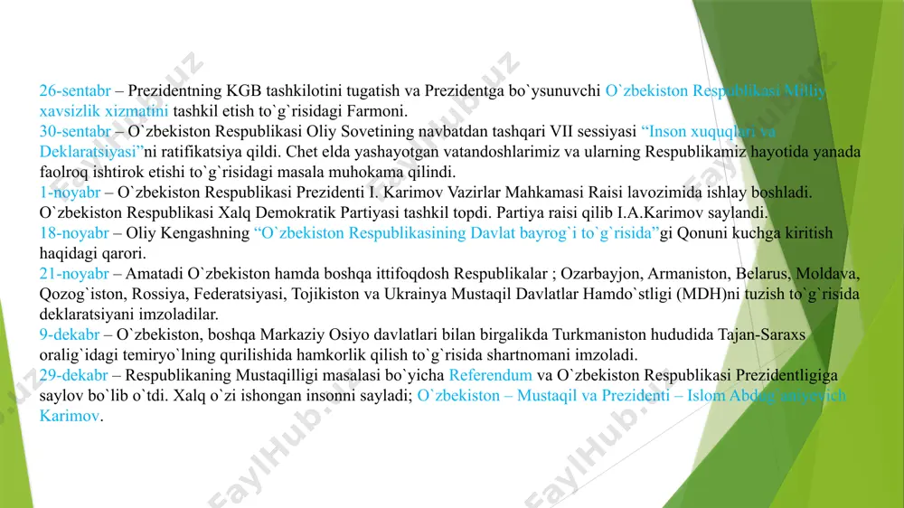 di. 18-fevral – prezidentning o`zbekiston respublikasi fan va txnika davlat komitetini tashlik etish to`g`risidagi farmoni. 19-fevral – o`zbekiston va amerika qo`shma shtatlari o`rtasida diplomatik munosabatlar o`rnatildi. 20-fevral – o`zbekiston va saudiya arabistoni podsholigi o`rtasida diplomatik munosabatlar o`rnatildi. 21-fevral – prezidentning o`zbekiston tashqi iqtisodiy aloqalar vazirligini tashkil etish to`g`risidagi farmoni. 22-fevral – o`zbekiston respublikasi va isroil davlati o`rtasi diplomatik munosabatlar o`rnatildi. 23-fevral – prezident i.a.karimov xelsinkida o`zbekiston respublikasi nomidan yevropada xavfsizlik va hamkorlik kengashining yakunlovchi hujjatiga imzo chekdi. 1-mart – o`zbekiston respublikasi va fransiya respublikasi o`rtasida diplomatik munosabatlar o`rnatildi. o`zbekiton respublikasi 1992-yil 2-yanvarda xitoy xalq respublikasi bilan va 23-yanvarda misr arab respublikasi bilan diplomatik a`loqalar o`rnatdi . o`zbekiston respublikasi 1992-yil 29-yanvarda koreya respublikasi bilan va 19-fevralda amerika qo`shma shtatlari bilan diplomatik a`loqalar o`rnatdi. 2-mart – o`zbekiston respublikasi eng nufuzli xalqaro tashkilot – birlashgan millarlar tashkiloti (bmt)ga a`zo bo`ldi. 3-mart – namangan tumani mingbuloq qishlog`i yaqinida qazish ishlari vaqtida 5 ming 237 …