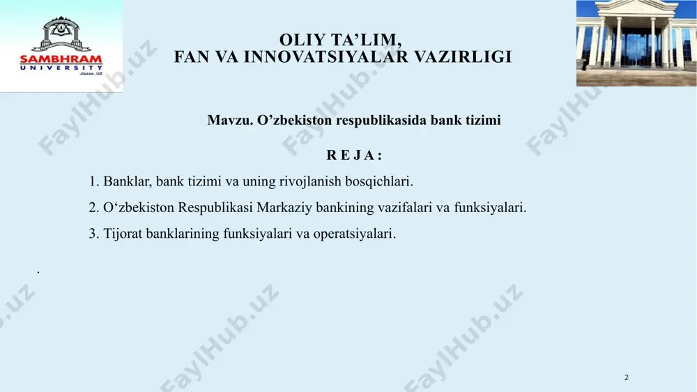 solish, tijorat banklari tizimi hamda to‘lov tizimini shakllantirish vazifalari qo‘yildi. 1993–1994-yillarda bank tizimidagi islohotlar davom etdi. 1994- yilning 1-iyulidan eʼtiboran milliy valyuta – so‘mning muomalaga kiritilgani mustaqil bank tizimining, umuman, o‘zbekiston iqtisodiyotining shakllanishida muhim ahamiyat kasb etdi. 5 oliy ta’lim, fan va innovatsiyalar vazirligi 1994 yilda bank tizimiga taalluqli ikki asosiy hujjat – “o‘zbekiston respublikasining markaziy banki to‘g‘risida”gi hamda “banklar va bank faoliyati to‘g‘risida”gi o‘zbekiston respublikasi qonunlari ishlab chiqilib amaliyotga tadbiq etildi. mazkur qonunlar, shuningdek, “аksiyadorlik jamiyatlari va aksiyadorlar huquqlarini himoya qilish to‘g‘risida”gi qonun nodavlat banklarning xususiy va aksiyadorlik-tijorat shaklida tashkil etilishiga qulay huquqiy sharoit yaratdi. 1996-yilda o‘zbekiston respublikasi markaziy banki monetar boshqaruv va bank nazoratining to‘la huquqli organi etib belgilandi va o‘zbekiston respublikasi “banklar va bank faoliyati to‘g‘risida”gi qonuni ikkinchi darajali bank tizimi – tijorat banklari faoliyatining huquqiy asosini aniq-puxta belgilab berdi. 6 oliy ta’lim, fan va innovatsiyalar vazirligi 1997-yilda o‘zbekiston respublikasi prezidentining “xususiy tijorat banklarini tashkil qilishni rag‘batlantirish …