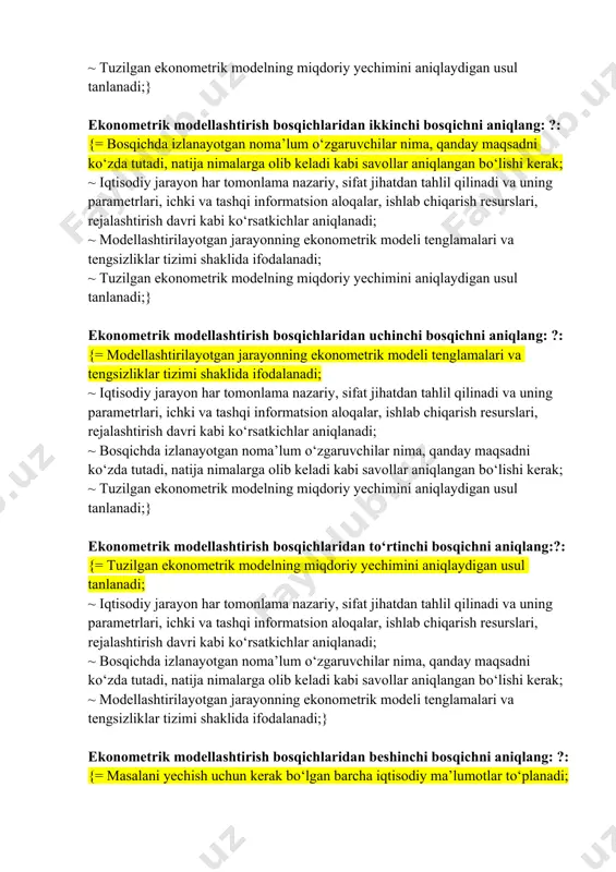 i, natija nimalarga olib keladi kabi savollar aniqlangan bо‘lishi kerak; ~ iqtisodiy jarayon har tomonlama nazariy, sifat jihatdan tahlil qilinadi va uning parametrlari, ichki va tashqi informatsion aloqalar, ishlab chiqarish resurslari, rejalashtirish davri kabi kо‘rsatkichlar aniqlanadi; ~ modellashtirilayotgan jarayonning ekonometrik modeli tenglamalari va tengsizliklar tizimi shaklida ifodalanadi; ~ tuzilgan ekonometrik modelning miqdoriy yechimini aniqlaydigan usul tanlanadi;} ekonometrik modellashtirish bosqichlaridan uchinchi bosqichni aniqlang: ?: {= modellashtirilayotgan jarayonning ekonometrik modeli tenglamalari va tengsizliklar tizimi shaklida ifodalanadi; ~ iqtisodiy jarayon har tomonlama nazariy, sifat jihatdan tahlil qilinadi va uning parametrlari, ichki va tashqi informatsion aloqalar, ishlab chiqarish resurslari, rejalashtirish davri kabi kо‘rsatkichlar aniqlanadi; ~ bosqichda izlanayotgan noma’lum о‘zgaruvchilar nima, qanday maqsadni kо‘zda tutadi, natija nimalarga olib keladi kabi savollar aniqlangan bо‘lishi kerak; ~ tuzilgan ekonometrik modelning miqdoriy yechimini aniqlaydigan usul tanlanadi;} ekonometrik modellashtirish bosqichlaridan tо‘rtinchi bosqichni aniqlang:?: {= tuzilgan ekonometrik modelning miqdoriy yechimini aniqlaydigan usul tanlanadi; ~ iqtisodiy jarayon har tomonlama nazariy, sifat …