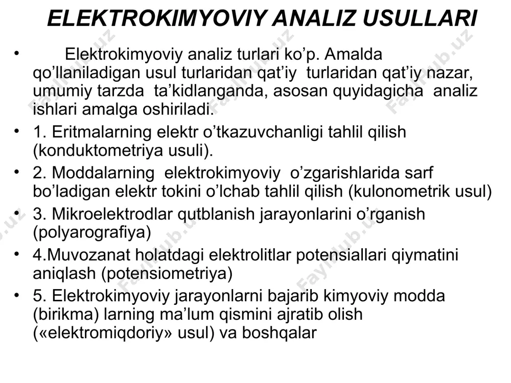 an sistemalarni analiz qilish va har bir kislota miqdorini aniq topish mumkin. albatta, analiz tajribasi ishlari ma’lum tartib qoidalariga amal qilingan holatda olib boriladi. dastavval, eritmadan ma’lum hajmda olib, konsentratsiyasi aniq bo’lgan ishqor eritmasi tanlanib, undan oz-ozdan qo’shib, hosil qilingan eritmalar elektr o’tkazuvchanligi o’lchanadi. ishqor qo’shilgan sari, eritmada vodorod ioni [h+] nisbiy konsentratsiyasi doim kamayadi, shu bilan birga, elektr o’tkazuvchanlik ham pasayadi. eritmada, ishqor qo’shilib borilishi natijasida, titrlash nuqtasidan o’tilgandan keyin gidroksil ioni [oh–] konsentratsiyasi keskin ortishi muqarrar. 1-rasm. konduktometrik titrlash chizig’i manfiy zaryadli gidroksillarning nisbatan tezkor harakatchanligi tufayli, eritma elektr o’tkazuvchanligi ham keskin ortishi aniq kuzatiladi. o’rnida ta’kidlash joizki, har хil ionlar harakatchanligiga doir bo’lgan ma’lumotlar, ayniqsa, muhim fizik-kimyoviy ko’rsatkichlar qiymatlari tegishli ma’lumotlarda, odatda, jadvallarda berilgan bo’ladi, demak, bilib olish qiyin eritmaning titrlash nuqtasida vodorod ioni [h+] va gidroksil ioni [oh–] miqdorlari minimum bo’lganligi uchun, darhaqiqat, elektr o’tkazuvchanlik ham minimum darajada bo’lishini anglash qiyin emas. demak, хulosa tariqasida ta’kidlash …