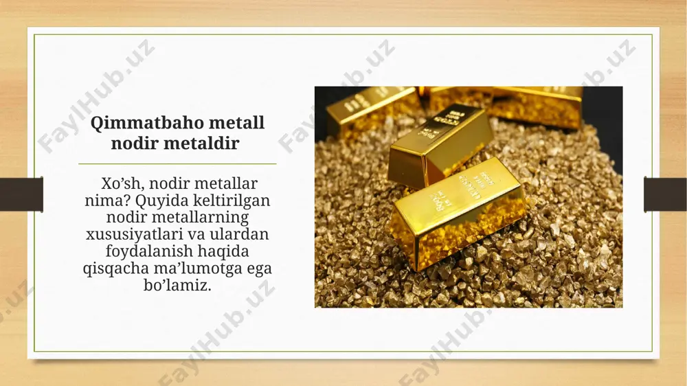 sh xususiyatlari kumush oq, yumshoq va porloq o’tish metallidir. bu metallarning eng yuqori elektr o’tkazuvchanligi va eng yuqori issiqlik o’tkazuvchanligiga ega bo’lgan element. kumush yumshoq, egiluvchan va atmosferadagi kislorodga nisbatan inertdir. ammo u ozon va vodorod peroksid bilan reaksiyaga kirishadi va nitrat kislotada eriydi e’tiboringiz uchun rahmat image7.jpeg image8.jpeg image9.jpeg image10.jpeg image11.jpeg image12.jpeg image13.jpeg image14.jpeg image15.jpeg image3.png image4.png
