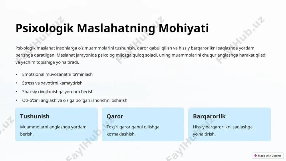 honch muhitini yaratish. tahlil shikoyatlarni aniqlash. strategiya yechim topish yo‘llarini ishlab chiqish. * maslahat berish ko‘nikmalari yaxshi psixologik maslahatchi tinglash, savollar berish, emosional qo‘llab-quvvatlash va yechim yo‘llarini ko‘rsatish ko‘nikmalariga ega bo‘lishi lozim. faol va empatik tinglash orqali mijozga e’tibor qaratish muhimdir. ochiq va yopiq savollar bilan muammoni chuqurroq anglash kerak. tinglash empatik tinglash. savollar muammoni anglash. qo‘llab-quvvatlash emosional yordam. * psixologik maslahat sohalari psixologik maslahat sohalari oilaviy maslahat, karyera bo‘yicha maslahat, bolalar va o‘smirlar psixologiyasi, stress va xavotirni kamaytirishni o‘z ichiga oladi. oilaviy maslahat oilaviy nizolar va muammolarni hal qilishga qaratilgan. karyera bo‘yicha maslahat kasbiy rivojlanish va kasb tanlash bo‘yicha yo‘l-yo‘riq beradi. bolalar va o‘smirlar psixologiyasi bolalar va yoshlarning ruhiy salomatligini qo‘llab-quvvatlaydi. 1 oilaviy nizolarni hal qilish. 2 karyera kasbiy rivojlanish. 3 bolalar ruhiy salomatlik. * psixologik maslahat fanining predmeti psixologik maslahat fani insonning ruhiy holati, hissiyotlari, muammolari va ularni hal qilish yo‘llarini o‘rganadigan amaliy psixologiya sohasi hisoblanadi. u insonning …