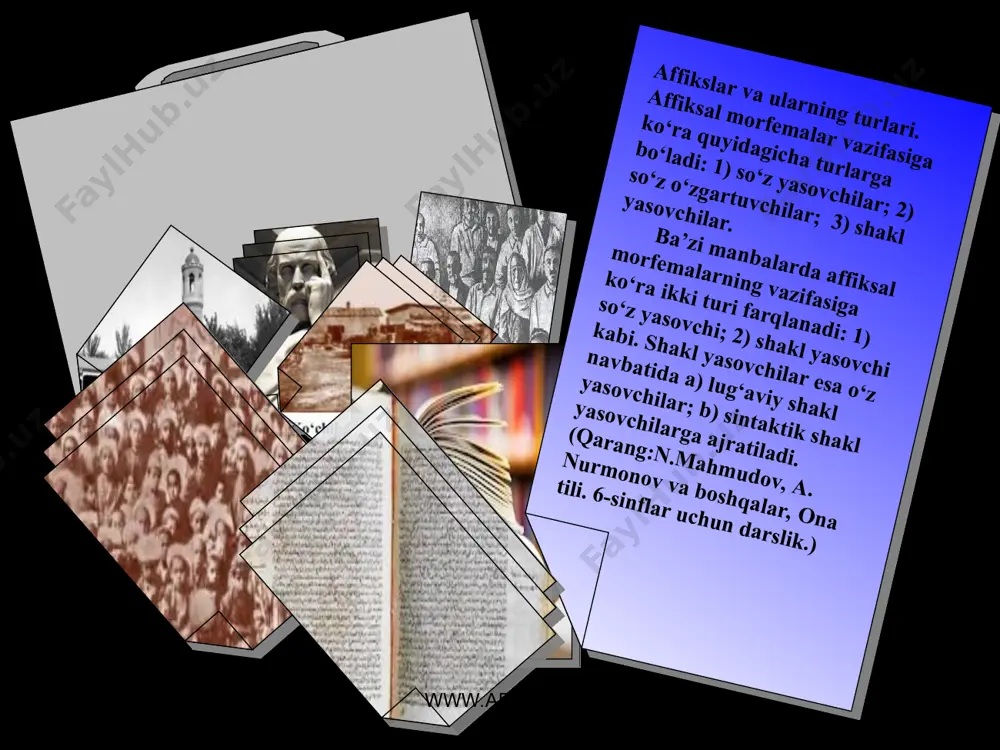 shimchalardir. omonim affikslar qo‘shimchalarning vazifasiga ko‘ra turlari doirasida quyidagi ko‘rinishda uchraydi: 1) so‘z yasovchilar doirasida: -ki: tepki-ot yasovchi, kechki-sifat yasovchi; 2) shakl yasovchilar doirasida: -ish: oqish-sifatning daraja shakli, tortish-fe’lning harakat nomi shakli; 3) so‘z o‘zgartuvchilar doirasida: -ng: olmang-egalik qo‘shimchasi, bording-tuslovchi qo‘shimcha; 4) so‘z yasovchi va shakl yasovchilar doirasida: -ma: bo‘g‘ma- (ilon) sifat yasovchi, qatlama -ot yasovchi, ketma – fe’lning bo‘lishsiz shakli; 5) so‘z yasovchi va so‘z o‘zgartuvchilar doirasida:-im: qultum-ot yasovchi, kitobim-egalik qo‘shimchasi. ba’zan o‘zakdosh so‘zlar ham omonim affiks qabul qilib shakldoshlikka ega bo‘lishi mumkin. masalan, qatla fe’liga so‘z yasovchi va shakl yasovchi omonim qo‘shimcha –ma qo‘shilishi bilan qatlama (ot) , qatlama (fe’lning bo‘lishsiz shakli) kabi shakldosh so‘zlar hosil bo‘ladi. www.arxiv.uz www.arxiv.uz 2. sinonim affikslar shaklan har xil umumiy ma’nosi bir xil bo‘lgan qo‘shimchalardir. masalan: -li\-dor: unumli-unumdor. affikslar sinonimligi qo‘shimchalarning vazifasiga ko‘ra barcha turlari doirasida uchraydi: a) so‘z yasovchilarda:-siz\-no ma’nodoshligi asosida: o‘rinsiz - noo‘rin, -li/-ser ma’nodoshligi asosida: g‘ayratli - serg‘ayrat; b) …
