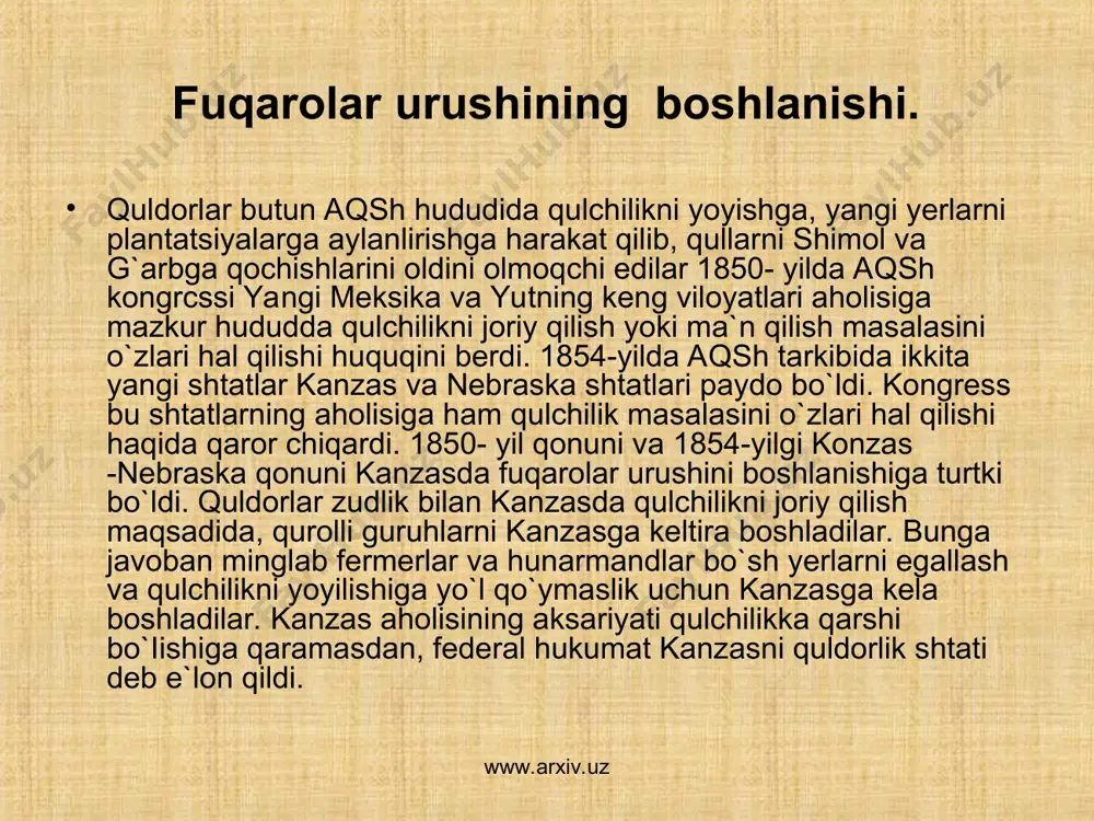 iv.uz www.arxiv.uz www.arxiv.uz 1860 yilgi prezident saylovlarida respublikachilar partiyasi advokat avraam linkoln nomzodini ko`tarib chiqdi va saylovda g`alaba qildi. plantatorlar saylovda boy berganligi va prezidentlik hokimiyalidan mahrum bo`lganliklaridan norozi bo`lib, saylovdan bir necha hafta o`tgach, ya`ni 1860- yil, 20 dekabrda janubiy karolina, 1861 yil yanvar-fevral oylarida aqshning yana 7 ta shtati-florida, jorjiya, alabama, luiziana, texas, tenessi va missisipi itiifoqlari chiqqanligini elon qildi. bu shtatlar markazi richmond shaxri bo`igan janubiy konfederasiya tuzdildi va d. devisni prezident qilib sayladilar. www.arxiv.uz www.arxiv.uz d.devis elon qilgan dcklaratsiya konfederatsiyaning asosiy maqsadi, deb alohida shtatlarning erkinliklarini, ularni ajralib chiqishi huquqini himoya qilish, erkin savdo uchun, ko`rashish deb, belgilandi. shuningdek, deklaratsiya shimolni qochoq qullarga homiylik qilayotganlikda va yangi yerlarga qullikni yoyishga yo`l qo`ymayotganlikda aybladi. linkoln prezidentlik lavozimini qabul qilgandan keyin (1861 yil 4 mart), konfediratsiya qo`shini 12-13 aprel kunlari chariston yaqinidagi samter portini egallab oldi. bunga javoban linkoln 15 aprel kuni 75 ming kishilik xalq lashkari to`zish …