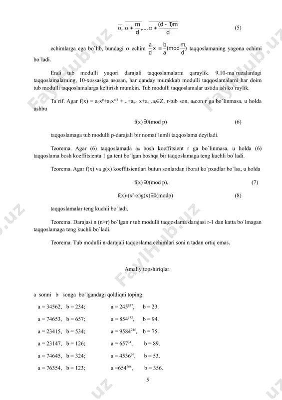 lda ((m) sonli funktsiya eyler funktsiyasi deyiladi: 1. ((1)=1. 2. ((m) funktsiya m dan kichik va m bilan o`zaro tub bo`lgan natural sonlar soni. ta`rif. natural sonlar to`plamida aniqlangan f funktsiya uchun (m; n)=1 bo`lganda f(m(n)=f(m)(f(n) tenglik bajarilsa, u holda f funktsiyaga mul`tiplikativ funktsiya deyiladi. teorema. eyler funktsiyasi mul`tiplikativ funktsiya bo`ladi. ((m) eyler funktsiyasini hisoblash formulalari quyidagilardan iborat: m=p tub son bo`lsa, u holda ((p)=r-1 bo`ladi. m= r( (r-tub son, (-natural son) bo`lsa, u holda ((p()=p(-1((p-1) bo`ladi. m= bo`lsa, u holda o`ladi. eyler teoremasi. agar (a; m)=1 bo`lsa, u holda a((m)(1(mod m) taqqoslama o`rinli bo`ladi. ferma teoremasi. agar a son r tub songa bo`linmasa, u holda ap-1(1 (mod m) taqqoslama o`rinli bo`ladi. koeffitsientlari butun sonlardan iborat f(x)= a0 xn+ +a1( (xn-1 ...an-1x+an ko`phad berilgan bo`lsin. ta`rif. ushbu f(x)(0(mod m) (a0 son m ga bo`linmaydi, ai(z, m(1) (1) ko`rinishdagi taqqoslamani bir noma`lumli n- darajali taqqoslama deyiladi. ta`rif. agar x=s bo`lganda f(c)(0(mod …