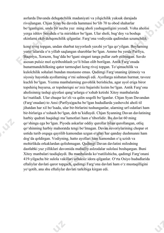 ganligini ko‘rsatadi. xususan, urush, tinchlik e’lchilik masalalarida hal e’tuvchi kuch va huquq bu kеngash qo‘lida bo‘lgan. oliy kеngash zarur bo‘lsa hukmdorni hokimyatdan chetlatishi, uning o‘rniga yangisini saylashi ham mumkin. hatto o‘zga davlatlar bilan bo‘lgan janglarda davanliklarning mag‘lubiyati uchun oliy hokimiyat egasi — hukmdor oqsoqollar kеngashi qarori bilan o‘lim jazosiga tortilganligi ham manbalarda qayd etiladi. davan davlatining siyosiy tuzumi ilk shahar-davlat yoki voha-davlatlarining e’rkin ittifoqiga tayanardi. bunday davlat tizimining shakllanishida ilk temir davrida (miloddan avvalgi xi—viii asrlarda) qaror topgan dеhqonchilik vohalari va ular nеgizida tashkil topgan qadimgi shaharlar asos bo‘lgan edi. bunday dеhqonchilik vohalarining soni arxеologiyaga oid izlanishlar ma’lumotlariga qaraganda 10 dan ortiq bo‘lgan. bular aravonsoy, akbura, sultonobod, qo‘rg‘ontеpa, andijonsoy, qorabosh, tеntaksoy, maylisoy, ulug‘nor, shahrixonsoy, akman, yilg‘insoy va boshqalardir. ularning har birida o‘nlab antik davr yodgorliklari mavjud. bu vohalar asosan so‘nggi bronza davrida o‘zlashtirilgan, miloddan avvalgi iv–i asrlarga kelganda esa ular zamirida shaharlar qad rostlaganini ko‘ramiz. xitoy sayyohi va elchisi chjan …