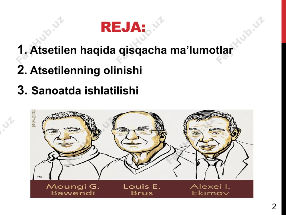 c r o h 7 h c ch+h c c h h2c ch c c alkinlar, asosan atsetilen nikelli katalizatorlar ishtirokida is gazi bilan reaksiyaga kirishadi. mazkur reaksiya 1944-49- yillarda v.reppe tomonidan ishlab chiqilgan. atsetilen akril kislotasi yoki uning hosilalari hosil boladi. o h c c h+ co + h h2c ch c x atsetilen cu ishtirokida kislotali muhitda oson dimerlanib vinilatsetilenga aylanadi. 8 8 olinish usullari eng ahamiyatli usullardan biri atsetilenni cac2 dan olish bo’lib, u 1862- yilda f.vyoller tomonidan yaratigan. bunda cac2 ga suv ta’sir qilinadi: 2cac2+2h2o ca(oh)2+hc ch keyingi slaydda cac2 ga h2o ta’sir ettirib atsetilenni olinishini ko’rishimiz mumkun. 9 tajriba 10 10 atsetilendan olinadigan mahsulotlar 11 ushbu moddalar unchalik katta ahamiyatga ega emas va nisbatan kam o’rganilgan. propargil spirti ch ch ch2oh hozirda reppe bo’yicha eng oson olinadi; hc ch+ch2o hc c ch2oh 12 atsetilen spirtlari bugungi mavzu bo’yicha bilganlarimiz va bilmaganlarimiz atsetilen o’zi nima? atsetilen- …