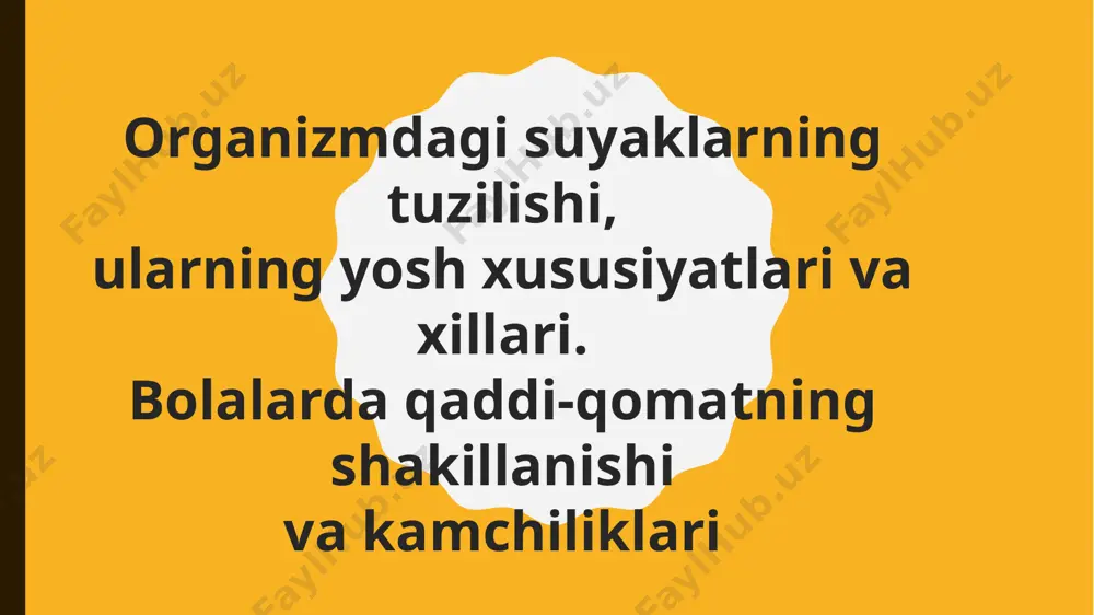 lari va nerv tolalari boladi. bu parda suyakni oziq modda bilan ta'minlashda, singanda, yorilganda jarohatning bitishida katta rol o’ynaydi. suyak tarkibida 60 % mineral moddalar, 30 % organik moddalar, 10 % suv boladi. organik moddalardan oqsillar, uglevodlar, fermentlar boladi. meniral moddalar suyaklarga qattiqroq, organik moddalar qayishqoqlik beradi. bola tugilganida yoki yosh bolalarda suyak to’qimasida ko’proq organik moddalar ko’p bo’ladi. shuning uchun ham ularning suyaklari nisbatan qayishqoq va elastik boladi. masalan: bolalarnnig noto’gri harakat qilishi yoki o’tirishi, yotqizish oqibatida ayrim qismlari qiyshayib qolishi mumkin. ona qornidagi hayot davrida suyaklar tog'ay to'qimasidan hosil bo'ladi. tog'ay to'qimasining suyak to'qimasiga aylanishi asta-sekin, 7-8 haftaligidan boshlanadi. tug'ilish vaqtiga kelib suyaklarda hali tog'ay qismlar ko'p bo'ladi. uzun naysimon suyaklarning uchi uzoq vaqtgacha tog'ayligicha qoladi va ko'pgina suyaklarda suyaklanishning ayrim markazlari o'rtasida tog'aydan iborat qismlar bo'ladi. ichki sekresiya bezlari funksiyasi pasayganda, vitaminlar va ayniqsa d vitamin yetishmaganda suyaklanish kechikadi va qalqonsimon bez, buyrak usti bezlari qobig'ining funksiyasi …