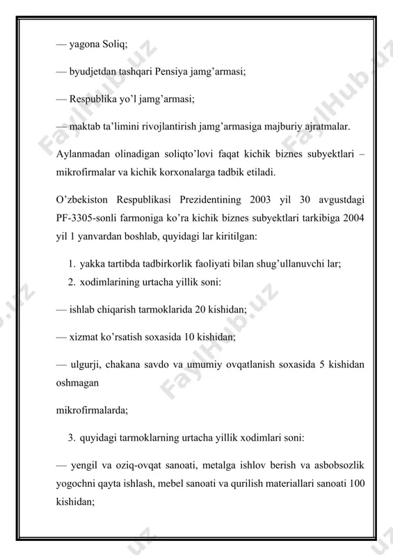 dan oshgan. mazkur holatda, jami daromadning koʻrsatilgan miqdordan oshishi roʻy bergan oydan boshlab soliq 30 mln soʻmlik stavkadan kelib chiqib hisoblanadi. bunda: · yanvar – iyul oylari uchun yiliga 20 mln soʻmlik stavkadan kelib chiqib, (20 mln soʻm/12 oy)*7 oy= 11,7 mln soʻm; · avgust – dekabr oylari (5 oy) uchun esa 30 mln soʻm – 11,7 mln soʻm= 18,3 mln soʻm soliq toʻlanadi. soliq obyekti kichik biznes subyektlariga soliq solish obyekti bo’lib , yalpi tushum hisoblanadi. yalpi tushum quyidagi daromadlardan tashkil topadi: 1. tovarlarni (ish va xizmatlarni) sotishdan olingan sof pul tushumi; 2. asosiy faoliyatning boshqa daromadlari; 3. moliyaviy faoliyat daromadlari; 4. fovkulodda yuzaga kelgan daromadlar yuridik shaxs – o`zbekiston respublikasining norezidenti doimiy muassasaga quyidagilar sifatida taqdim etilgan summalarni doimiy muassasaga chegirishga kiritish huquqiga ega emas: 1) o`zbekiston respublikasi ushbu norezidentining mol-mulkidan va intellektual mulk ob`ektlaridan foydalanganlik yoki foydalanish huquqini berganlik uchun olinadigan royalti, gonorarlar, yig`imlar va boshqa to`lovlar; …