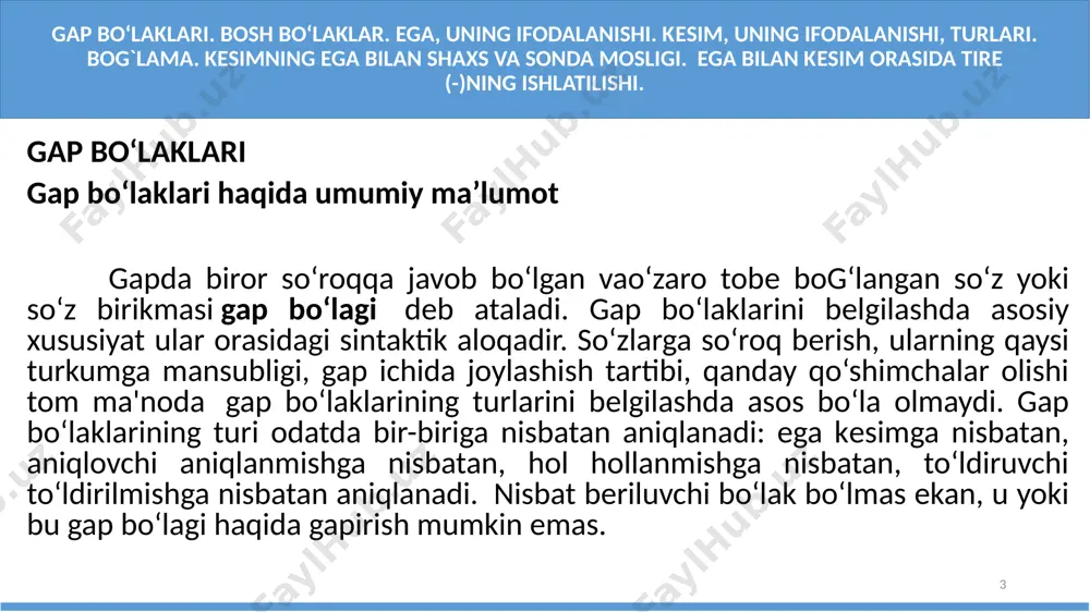 a, bosib yer. (maqol). yaxshi yaxshining qadriga yetar. (maqol). 6 ega va uning ifodalanishi eganing otlashgan son bilan ifodalanishi. sonlar ham otlashib, ega vazifasida keladi: ikkovi ham bir-biriga juda o‘xshash... (p.q.). tarbiya axloq va oqillikka tayanmog‘i lozim. birinchisi yaxshi fazilatni o‘stirsa, ikkinchisi ba’zilarning illatidan himoya qiladi. («oz-oz o‘rganib dono bo‘lur»). eganing otlashgan olmosh bilan ifodalanishi. ega vazifasida sifat, son o‘rnida qo‘llanuvchi otlashgan olmosh bilan ham ifodalanadi: bu, ehtimol, ona suti bilan kirgan g‘ayrishuuriy bir tuyg‘udir. (p.q.). odamlar uchun xuddi mana shunisi kerak edi. (ch.aytmatov). eganing otlashgan sifatdosh bilan ifodalanishi. bosh kelishikdagi otlashgan sifatdosh ega vazifasini bajaradi: ishlagan xor bo‘lmas (maqol). qimirlagan qir oshar (maqol). birlashgan daryo bo‘lar, tarqalgan irmoq bo‘lar (maqol). eganing otlashgan ravish bilan ifodalanishi. ravish otlashganda, gapda ega bo‘lib kelishi mumkin: ko‘p so‘zning ozi yaxshi, oz so‘zning o‘zi yaxshi (maqol). o‘qishning erta-kechi bo‘lmas (maqol). 7 ega va uning ifodalanishi eganing otlashgan taqlid so‘z bilan ifodalanishi. taqlid so‘zlar otlashib …