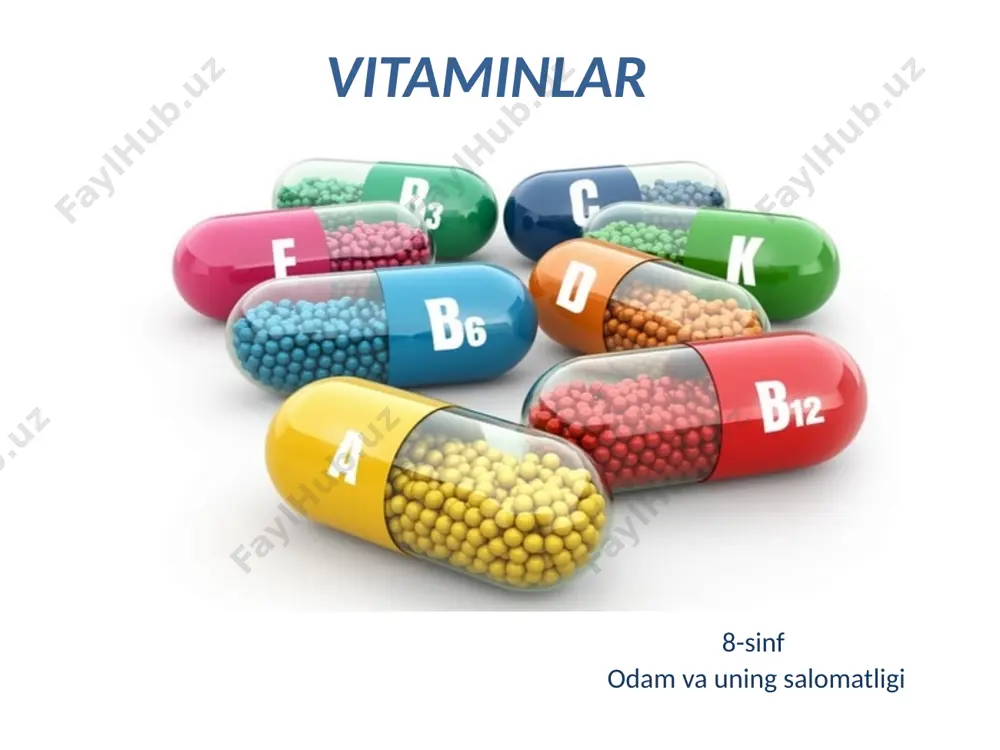 yilgan edi vitaminlarning turlari va vazifasi. vitaminlarning 40 dan ortiq turi bo‘lib, ularning har biri odam organizmida muhim fiziologik vazifani bajaradi. agar odam organizmida biror vitamin mutlaqo yo‘qolsa, avitaminoz, uning miqdori kamaysa, gipovitaminoz, me’yoridan ortib ketsa, gipervitaminoz,deb ataladi. bu holatlarning har qaysisida o‘ziga xos xastalik belgilari paydo bo‘ladi. masalan, gipovitaminoz a, gipovitaminoz b, gipovitaminoz c va hokazo. vitaminlarning organizimdagi vazifasi a vitamini: ko'payish, oqsil sintezi va mushaklarning differentsiatsiyasida ishtirok etadi. bu tungi ko'rlikni oldini oladi va immunitet tizimini saqlab turish, terini va shilliq pardalarni saqlash uchun zarurdir. oziqlanish uchun kuniga 0,8-1 mg, a vitaminining ba'zi manbalari: sabzi, ismaloq, petrushka, tuna, yaxshi, pishloq, sariq, qovoq, chard, o'rik. vitamin c c vitamini kollagen sintezi, davolash uchun zarur. o'simlik kelib chiqadigan temirning emishi va qo'shimcha ravishda u antioksidant hisoblanadi. oziqlanish ehtiyojlari: kuniga 60-70 mg, c vitaminining ba'zi manbalari: kivi, maymunjon, apelsin, limon, ismaloq, petrushka, brokkoli, qulupnay, ko'k piyoz, pomidor vitaminlarga boy mahsulotlar vitaminlar …