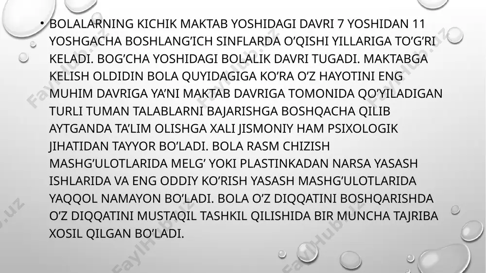 t qilishni urganadi. o‘quv faoliyatida bola o‘z irodasini o‘quv maqsadlariga erishish uchun mashq qildiradi. o‘quv faoliyati boladan nutq, diqqat, xotira, tasavvur va tafakkurini kerakli darajada ryvojlanishini talab etgan holda, bola shaxsi rivojlanishi uchun yanga sharoitlarni yaratadi. birinchi bor maktabga kelgan bola o‘z atrofdagilari bilan psixologik jihatdan yangi munosabat tizimiga o‘tadi. u hayotining tubdan o‘zgarganini, unga yangi majburiyatlar. nafaqat, har kuni maktabga borish, balki o‘quv saoliyati talablariga bo‘ysunish ham yukltilganligini his eta boshlaydi. sharq mutafakkiri abu ali ibn sino ham bolalikni quyidagi davrlarga ajratgan: 1) podsholik davri 5 yoshgacha 2) qullik davri (6-12 yoshgacha) 3) o’rtoqlik do’stlik davri deb bolaning keyingi taraqqiyoti davrini nazarda tutgan. 6 -12 yoshgacha bo’lgan davrni qullik davri deb bejiz aytmagan, albatta chunki bu davrda bolani xulq atvorga o’rgatish, kishilar bilan o’zaro munosabatlarda qoida-qonunlarga bo’ysunish, mehnatga o’rgatish, unga nisbatna ijobiy munosabatni shakllantirish, bilim olish o’qish, o’rganish, mehnat qilishda qiyinchiliklarga bardosh berish, milliy an’analarimizga sadoqatli bo’lish, kattalarni, mehnatini …