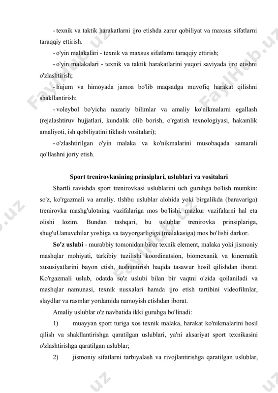 ish va shakllantirishga qaratilgan uslublari, ya'ni aksariyat sport texnikasini o'zlashtirishga qaratilgan uslublar; 2) jismoniy sifatlarni tarbiyalash va rivojlantirishga qaratilgan uslublar, ya'ni, aksariyat harakat sifatlarini tarbiyalashga qaratilgan uslublar. lekin u yoki bu uslublar qayd etilgan ikki holatda ham qo'llanilishi mumkin. aksariyat sport texnikasini o'zlashtirishga qaratilgan uslublar sport texnikasini (harakat malakasini) to'liq yoki qismlarga (elementlarga) bo'lib o'rgatish uslublari mavjud. ayrim hollarda harakatlarni qismlarga bo'lib o'rgatish imkoniyati bo'lmasa, bunday harakatlar to'liq holda o'rgatiladi. lekin, sport texnikasini aniq tarkibiy tuzilishga (strukturasiga) mos ravishda o'rgatish uchun uni imkoniyati boricha qismlarga bo'lib o'rgatish katta samara beradi. bunda, ayniqsa taqlidiy (imitatsiya), to'psiz bajariladigan (yoki to'pni o'rniga qulay buyum, moslama) mashqlar juda qo'l keladi. qismlarga bo'lib o'rgatish uslubi. ayniqsa, dastlabki, boshlang'ich o'rgatish jarayonida alohida ahamiyat kasb etadi. harakatning texnik qismlari shakllana borgan sari (qaytarish uslubi yordamida) uni to'liq holda o'rgatish uslubi o'z o'rnini egallab boradi. dastlabki o'rgatish jarayonida tayyorlovchi va yondashtiruvchi mashqlarga e'tibor berish muhim ahamiyatga egadir. sport …