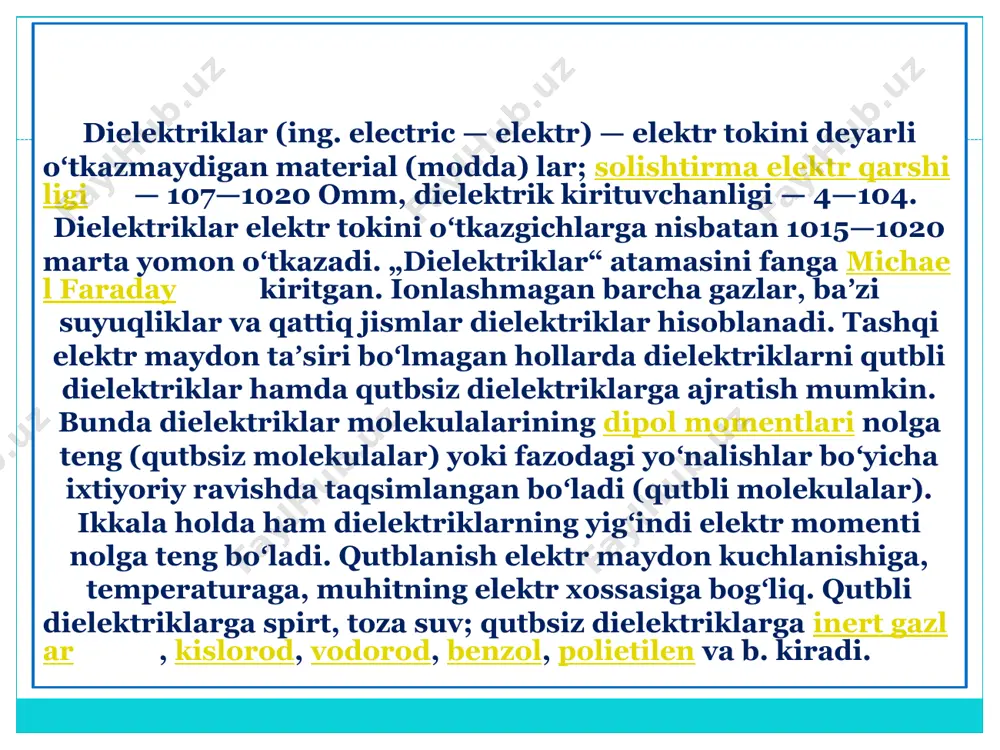 ng asosiy xossasini moddaning elektr xossasiga bog‘liq bo‘lmagan holda o‘rganishdir. buning uchun zaryadlangan jismlarni va ularning elektrostatik maydonini xarakterlaydigan ba’zi bir fizik kattaliklarni kiritamiz va ular bo‘ysunadigan qonunlarni aniqlaymiz. elektrostatika bu qo‘zg‘almas zaryadlar hosil qilgan maydonlarda bo‘ladigan hodisalarni o‘rganuvchi fizikaning bir bo‘limi hisoblanadi. elektrostatik o‘zaro ta’sirni tajribada o‘rganish shunday xulosaga olib keladi, ya‘ni elektrlangan jismni skalyar fizik kattalik- elektr zaryadi bilan xarakterlash mumkinelektr maydoni materiyaning ko‘rinishlaridan biridir. shu maydonda turgan elektr zaryadlariga maydon tomonidan kuch ta’siri vujudga keladi. qadim zamonlardan shoyiga ishqalangan qahrabo o‘ziga mayda buyumlarni tortishi aniqlangan. hozirgi vaqtda hamma moddalar tarkibida ikki xil zaryad bo‘lishi mumkinligi aniqlangan. teriga ishqalangan shishada paydo bo‘lgan zaryad musbat, movutga ishqalangan ebonitda paydo bo‘lgan zaryad manfiy bo‘ladi. bir xil ishorali zaryadlar o‘zaro itarishadi, turli xil zaryadlar esa tortishadi. elektr maydon kuchlanganlig – maydonning berilgan nuqtasiga qo‘yilgan nuqtaviy sinov zaryadiga ta’sir etuvchi kuchning, shu zaryadga bo‘lgan nisbati bilan aniqlanadigan fizik katalikka aytiladi. (1.9) elektr …