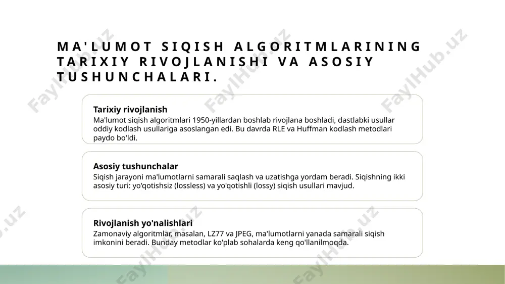 maradorligi: natijalar va tahlil usullari. 01 siqish samaradorligi ma'lumot siqish algoritmlarining samaradorligi, odatda, siqilgan ma'lumotlarning asl hajmiga nisbatan kamayishi bilan baholanadi. yuqori samaradorlik ma'lumotlarni samarali saqlashni ta'minlaydi. 02 tahlil usullari samaradorlikni tahlil qilishda statistik metodlar, masalan, siqish nisbati va vaqt ko'rsatkichlari ishlatiladi. bu usullar algoritmlarning ishlashini taqqoslash imkonini beradi. 03 natijalar va muammolar tahlil natijalari algoritmlarning kuchli va zaif tomonlarini ko'rsatadi. ba'zi hollarda, yuqori siqish samaradorligi ma'lumotlarning yaxlitligini yo'qotishiga olib kelishi mumkin. saqlash optimizatsiyasi uchun eng yaxshi amaliyotlar va strategiyalar. 1 saqlash vositalari ma'lumotlarni saqlashda optimal vositalarni tanlash muhimdir. ssd va hdd o'rtasidagi farqni bilish, tezlik va narxni hisobga olish kerak. 2 siqish formatlari raqamli ma'lumotlar uchun eng maqbul siqish formatlarini tanlash, masalan, zip, rar yoki 7z, saqlash joyini samarali ishlatishga yordam beradi. 3 avtomatik siqish ma'lumotlarni avtomatik siqish tizimlari, masalan, bulutli xizmatlar, foydalanuvchilarni qo'lda siqishdan ozod qiladi va samaradorlikni oshiradi. 4 zaxira strategiyalari ma'lumotlarni zaxiralashda ko'p nuqtali yondashuvni qo'llash, …