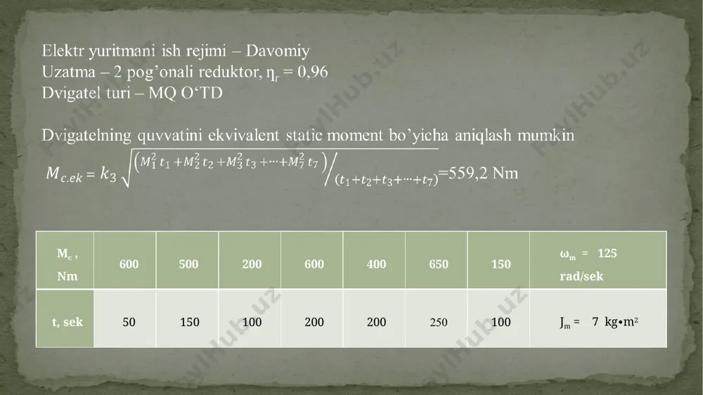 ng nominal fik aniqlanadi: ηh = ph103 / uhih=75000/(220*381)=0.89 dvigatel yakorining qarshiligi topiladi: rя = 0,5 (1 - ηh) (uh/ih) [ om ] r=0.5(1-0.87)(220/381)==0.032 om salt ishlash burchak tezligi hisoblanadi: ω0 = ωhu / (u-ihrя)=157*220/(220-381*0.032)=166,2 [ rad/sek ] bu yerda: ωh = nh / 9,55=1500/9.55=157 [ rad/sek ] salt ishlash aylanish tezligi aniqlanadi: n0 = 9,55 ω0 =166,2*9.55=1587,2 [ ay/min ] nominal moment hisoblanadi: mh = ph103 / ωh=75000/157=477,7(n∙m) dvigatelning tabiiy mexanik xarakteristikasi 2ta nuqta koordinatlari bo’yicha quriladi: “a” nuqta: ω0 va m = 0; “b” nuqta: ωo va mh dvigatelningsun’iyxarakteristikasiham ikki nuqta orqali o’tadi “a” nuqta: ω0 va m = 0; “c” nuqta: ωp va mh bu yerda, ωp – dvigatel yakoriga qo’shimcha rp = 6rя qarshilik qo’shilgandagi burchak tezlik quyidagicha hisoblanadi ωp = ω0 [ 1-(ih (r2+rp) / uh)] = 101,6 [ rad/sek ] 2-rasm: mustaqil qo’zg’atishli o’tdni tabiiy va sun’iy mexanik xarakteristikalari mustaqil (paralel) qo‘zg‘atishli o‘zgarmas tok …