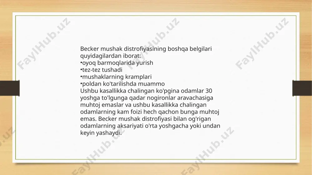shak ichiga kiradigan elektrod ignasi yordamida mushaklaringizning elektr faolligi bo'yicha elektromiyografiya testini o'tkazing mushaklarning distrofiyasi uchun mushaklaringiz namunasini sinab ko'rish uchun mushak biopsiyasini bajaring mushak distrofiyasi qanday davolanadi? hozirgi vaqtda mushak distrofiyasini davolash mumkin emas, ammo davolanish simptomlaringizni boshqarishga yordam beradi va kasallik rivojlanishini sekinlashtiradi. davolanish sizning alomatlaringizga bog'liq. davolash usullari quyidagilarni o'z ichiga oladi: mushaklaringizni kuchaytirishga va sekin mushaklarning yomonlashishiga yordam beradigan kortikosteroid dorilar agar nafas olish mushaklari ta'sirlangan bo'lsa, yordam beradigan shamollatish yurak muammolari uchun dorilar mushaklaringizni qisqartirishga yordam beradigan operatsiya kataraktani tuzatish uchun operatsiya skolyozni davolash uchun operatsiya yurak muammolarini davolash uchun jarrohlik terapiya samarali ekanligini isbotladi. siz jismoniy terapiya yordamida mushaklaringizni kuchaytirishingiz va harakatlanish doirangizni saqlab turishingiz mumkin. kasbiy terapiya sizga yordam berishi mumkin: yanada mustaqil bo'ling engish qobiliyatingizni yaxshilang ijtimoiy ko'nikmalaringizni yaxshilang jamoat xizmatlaridan foydalanish e`tiboringiz uchun rahmat image5.png image6.png image3.png image4.png /docprops/thumbnail.jpeg