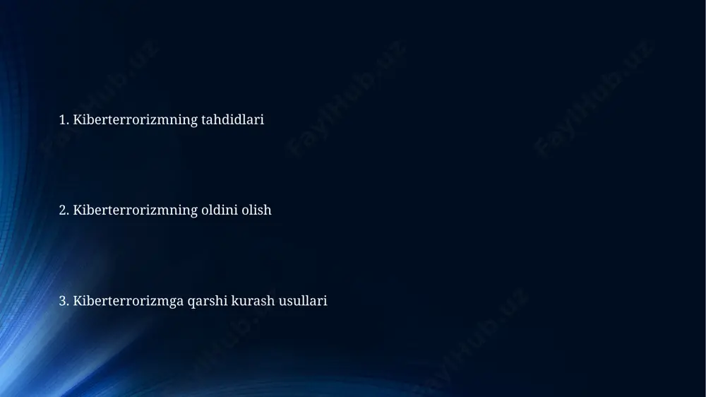 hi va moliyaviy yo'qotishlar 70% gacha yetishi mumkin. kiberhujumlar natijasida davlat sirlarining oshkor bo'lishi, siyosiy beqarorlikning kuchayishi va xalqaro munosabatlarning keskinlashuvi kuzatiladi. kiberhujumlarning maqsadlari muhim ma'lumotlarni, masalan, harbiy sirlarni yoki moliyaviy axborotlarni o'g'irlash, shuningdek, 500 dan ortiq kompaniyaning ma'lumotlar bazasiga kirish orqali raqobatbardosh ustunlikni olish ham kiberhujumlarning asosiy maqsadlaridan biri hisoblanadi. kiberhujumlarning asosiy maqsadlaridan biri – davlat infratuzilmasiga, jumladan, energiya ta'minoti, transport va aloqa tizimlariga zarar yetkazish orqali ijtimoiy tartibsizlik va iqtisodiy zarar keltirishdir, bu esa milliardlab dollar zarar keltirishi mumkin. kelajakdagi tahdidlar kelajakda kvant kompyuterlarning rivojlanishi 10 yil ichida shifrlash algoritmlarini buzishga va keng ko'lamli kiberhujumlarni amalga oshirishga imkon beradi, bu esa milliy xavfsizlikka jiddiy tahdid soladi. iot qurilmalarining soni 2030 yilda 25 milliarddan oshishi, ularning zaifligi tufayli katta miqyosdagi ddos hujumlarini amalga oshirish va muhim ma'lumotlarni o'g'irlash imkoniyatini beradi. kiberxavfsizlik choralari tarmoqdagi xavfsizlik devorlari va intruzion aniqlash tizimlari (ids/ips) kabi 3 ta asosiy kiberxavfsizlik vositalarini birgalikda qo'llash, tashqi …