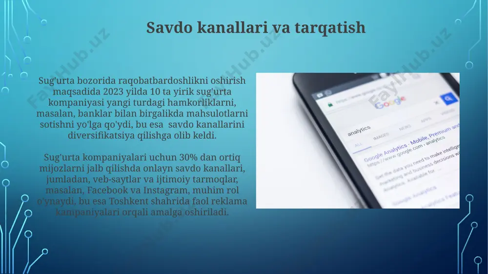 li marketingning samaradorligini tasdiqlaydi. mahsulotlar va xizmatlar portfeli ўзбекистоннинг 10 та вилоятида фаолият юритаётган суғурта компанияси, мижозларга 3та турдаги пенсия суғуртаси ва 7та турдаги инвестициявий дастурларни таклиф қилиб, бозордаги рақобатбардошлигини оширмоқда. qonunchilik va tartibga solish talablari қорақалпоғистон республикасида 2023 йилда суғурта компаниялари томонидан амалга оширилаётган маркетинг кампанияларининг қонунийлигини назорат қилиш учун 5 нафардан ортиқ мутахассислардан иборат maxsus guruhlar tuzilgan bo'lib, ular 3 ойда бир марта текширувлар ўтказадилар. ўзбекистон республикасининг 2018 йилдаги 500-сонли “суғурта тўғрисида”ги қонуни суғурта компанияларининг маркетинг фаолиятининг ҳуқуқий асосларини белгилаб беради ва рекламада нотўғри маълумотлар тарқатишни 5 млн сўмгача жарима билан жазолайди. nishan olish va bozor tahlili самарқанд вилоятидаги қишлоқ хўжалиги суғуртаси бозорида 5 млн. ақш долларилик потенциал мавжуд бўлиб, бу ерда 15% ўсиш кутилмоқда. андижондаги ёшлар орасида 30 ёшгача бўлганларнинг 60%и суғурта маҳсулотларини онлайн платформалар орқали харид қилишни афзал кўрадилар. narxlash strategiyasi тошкентдаги йирик суғурта компанияларининг 65%и мижозларнинг шахсий маълумотларини таҳлил қилиб, мақсадли реклама кампанияларини юритиш орқали …