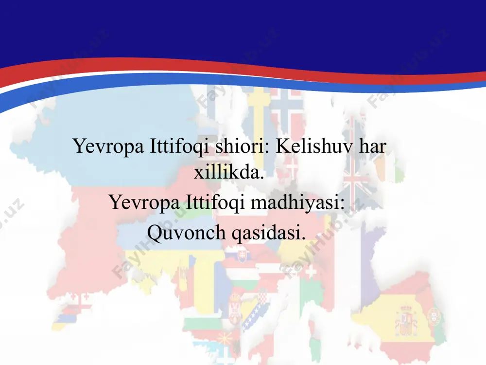 davlatlari o’rtasida bo’lib olinishi,iqtisodiy va siyosiy raqobat,harbiy-strategik ziddiyat va qurollanish poygasi boshlanib ketdi. rivojlangan davlatlarning bunday siyasati va dunyoni bo’lib olishga ishtiyoqi,tufayli dunyoda minglab odamlarni yostig’ini quritgan urush boshlanib ketdi.insoniyat birinchi jahon urushigacha bo’lgan 1000 yil davomida yuz bergan barcha urushlarda ham bunchalik qurbon bermagan edi.birinchi jahon urushida uning asosiy ishchilari bo’lgan davlatlar o’z milliy boyliklarining uchdan bir qismini yo’qotdilar. yevropa ittifoqi- yevropaning 27 davlatidan iborat siyosiy va iqtisodiy birlashmadir.uning tarixi 1957-yilga,6 ta yevropa davlati o’rtasida imzolangan rim bitimi va undan so’ng paydo bo’lgan yevropa iqtisodiy hamkorligiga borib taqaladi.yevropa ittifoqi 1992-yilda imzolangan maastrix shartnomasiga binoan tuzilgan va 15 ta davlatni o’z ichiga oladi.2005-yil yevropa ittifoqining birinchi yirik kengashi yuz berdi.unda ittifoqga 10 ta yangi davlatlar qo’shildi hamda hozirgi davrda yevropa ittifoqi 27 ta davlatdan iborat. yevropa ittifoqi-o’zida xalqaro tashkilot va federativ davlat xususiyatlarini mujassamlashtirgan davlatlararo uyushma.yevropa ittifoqining maqsadi:yevropa xalqlarining mustahkam ittifoqini vujudga keltirish,ichki chegaralari bo’lmagan makon yaratish,iqtisodiy va ijtimoiy o’zaro …