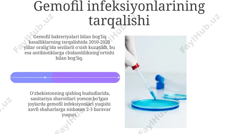 ablashuvi gemofil bakteriyalarining turli xil shtammlari infektsiyaning og'irlik darajasiga ta'sir qiladi gemofil infektsiyalarining murakkablashuvi, ayniqsa, 5 yoshgacha bo'lgan bolalarda, meningit va pnevmoniya kabi jiddiy holatlarga olib kelishi mumkin, bu esa o'lim xavfini 10% gacha oshirishi mumkin, ayniqsa, rivojlanayotgan mamlakatlar, masalan, o'zbekistonning qishloq hududlarida. davolash tamoyillari: immunoterapiya тошкентдаги 3-сонли клиникада 20 дан ортиқ беморда gemophilic бактериялари инфекциясига иммунотерапиянинг самарадорлигини аниқлаш учун 10 йиллик кузатув ўтказилди, натижалар 70% га яқин самарадорликни кўрсатди. иммунотерапияда 2023 йилда жанубий кореяда ўтказилган клиник синовлар натижасида 50% дан ортиқ беморларда gemophilic бактерияларига қарши иммунитетнинг кучайгани кузатилди. profilaktika choralari самарқанд вилоятидаги 10 та мактабда ўтказилган социологик сўровнома 75% ота-оналар профилактика чоралари ҳақида етарли маълумотга эга эмаслигини кўрсатди. бу 2-3 ёшли болалар орасида юқумли касалликлар кўпайишига олиб келади. фарғона водийсидаги 15 та тиббиёт муассасасидаги маълумотларга кўра, профилактика чораларининг самарадорлигини ошириш учун ҳар йили камида 2000 доллар маблағ сарфлаш зарур, бу эса юқумли касалликлар сонини 15% га камайтириши мумкин. terapevtik …