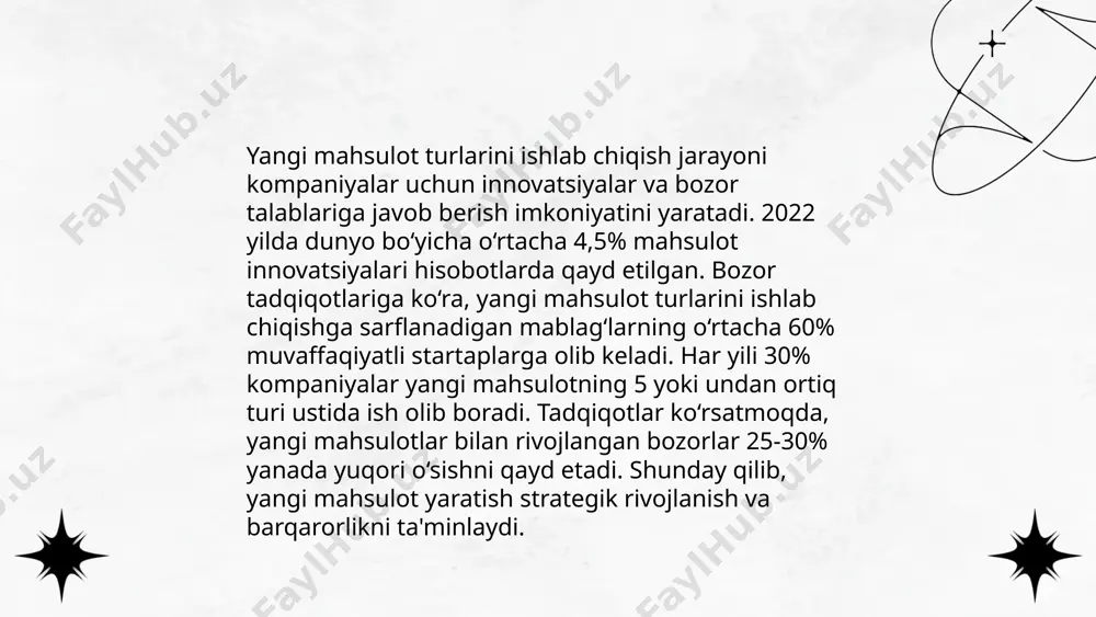 b turish uchun 5 yil ichida 50%ga ko'proq investitsiya jalb qilinishi maqsad qilingan. ... t.me/slaydai_bot narx siyosatini optimallashtirish - bu kompaniyalarning bozordagi raqobatbardoshligini oshirish va daromadni maksimal darajaga yetkazish uchun qo'llaniladigan strategiyalar to'plamidir. ushbu jarayonda talab va taklifni tahlil qilish, raqobatchilar narxlarini kuzatish va iste'molchi xatti-harakatlarini o'rganish muhim o'rin tutadi. narxlarni optimallashtirish orqali kompaniyalar aksariyat hollarda 2% dan 5% gacha daromad oshishi va 10% daromad marjining ortishi kabi natijalarga erishishi mumkin. raqamli texnologiyalar va algoritmlar yordamida, narxlarni real vaqt rejimida yangilash va moslashtirish imkonini beradi, bu esa bozor sharoitlariga tezkor moslashish imkoniyatini yaratadi. ... t.me/slaydai_bot distribyutsiya kanallarini kengaytirish tovar va xizmatlarning ko'proq mijozlarga yetib borishini ta'minlash uchun muhimdir. 2023 yilga kelib, global elektron tijorat bozori hajmi 4.9 trillion aqsh dollariga yetdi, bu esa distribyutsiya kanallarini kengaytirish uchun raqamli platformalarning ahamiyatini ko'rsatadi. o'zbekistonda internet foydalanuvchilari soni 2022 yilda 18,3 millionga etdi, bu esa onlayn platformalar orqali distribyutsiya imkoniyatlarini oshiradi. shuningdek, logistika …